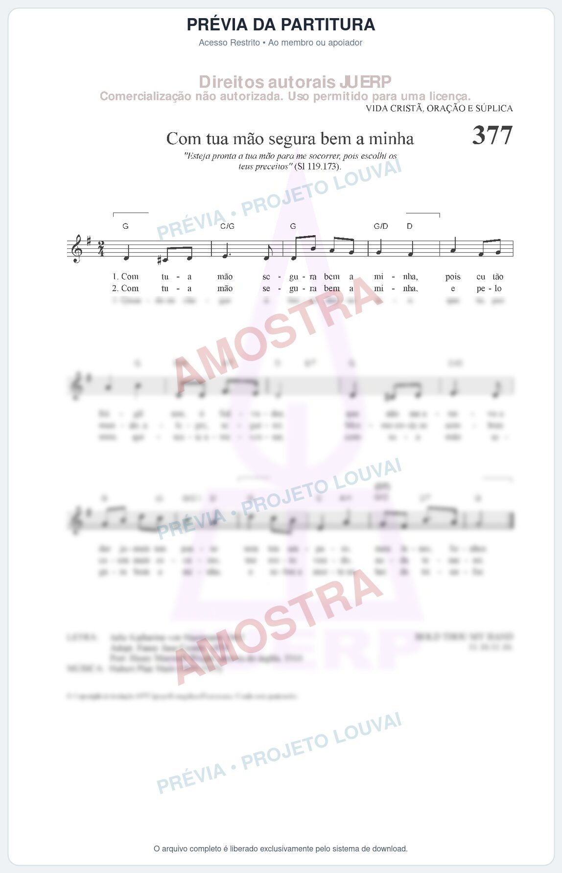 Prévia protegida da primeira página da partitura Partitura da música Com tua mão segura bem a minha (HCC 377) - Hinário para o Culto Cristão - Tom G