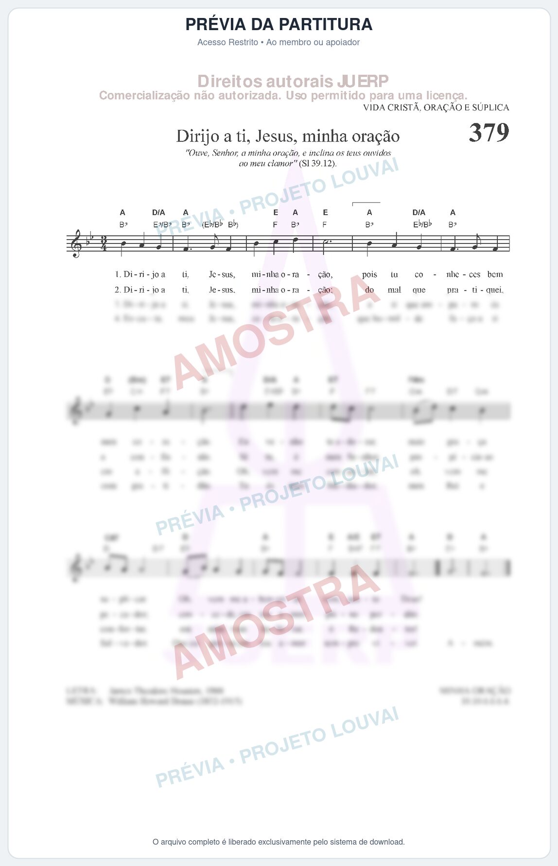 Prévia protegida da primeira página da partitura Partitura da música Dirijo a ti, Jesus, a minha oração (HCC 379) - Hinário para o Culto Cristão - Tom Bb