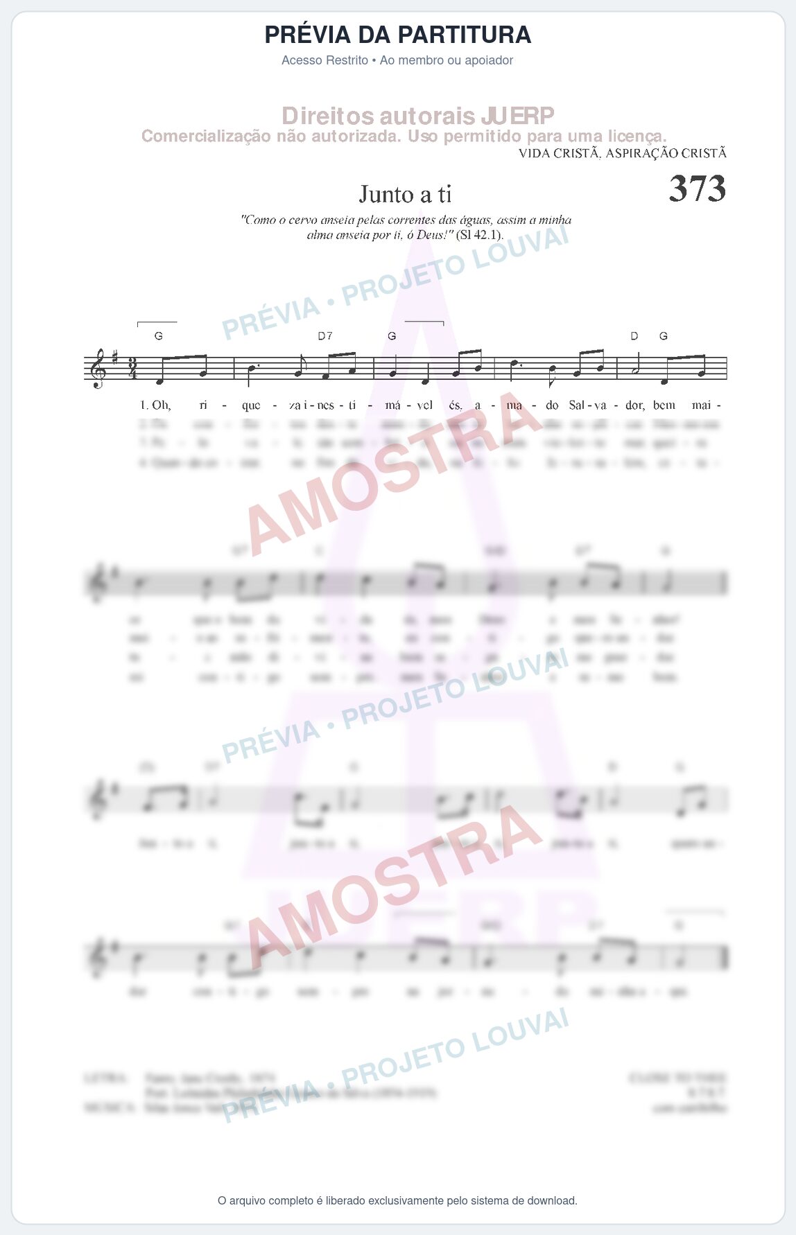 Prévia protegida da primeira página da partitura Partitura da música Junto a ti (HCC 373) - Hinário para o Culto Cristão - Tom G