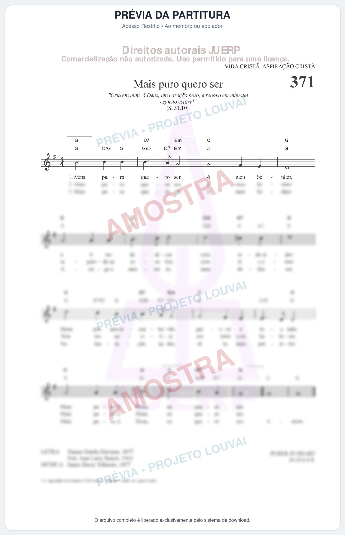 Prévia protegida da primeira página da partitura Partitura da música Mais puro quero ser (HCC 371) - Hinário para o Culto Cristão - Tom G
