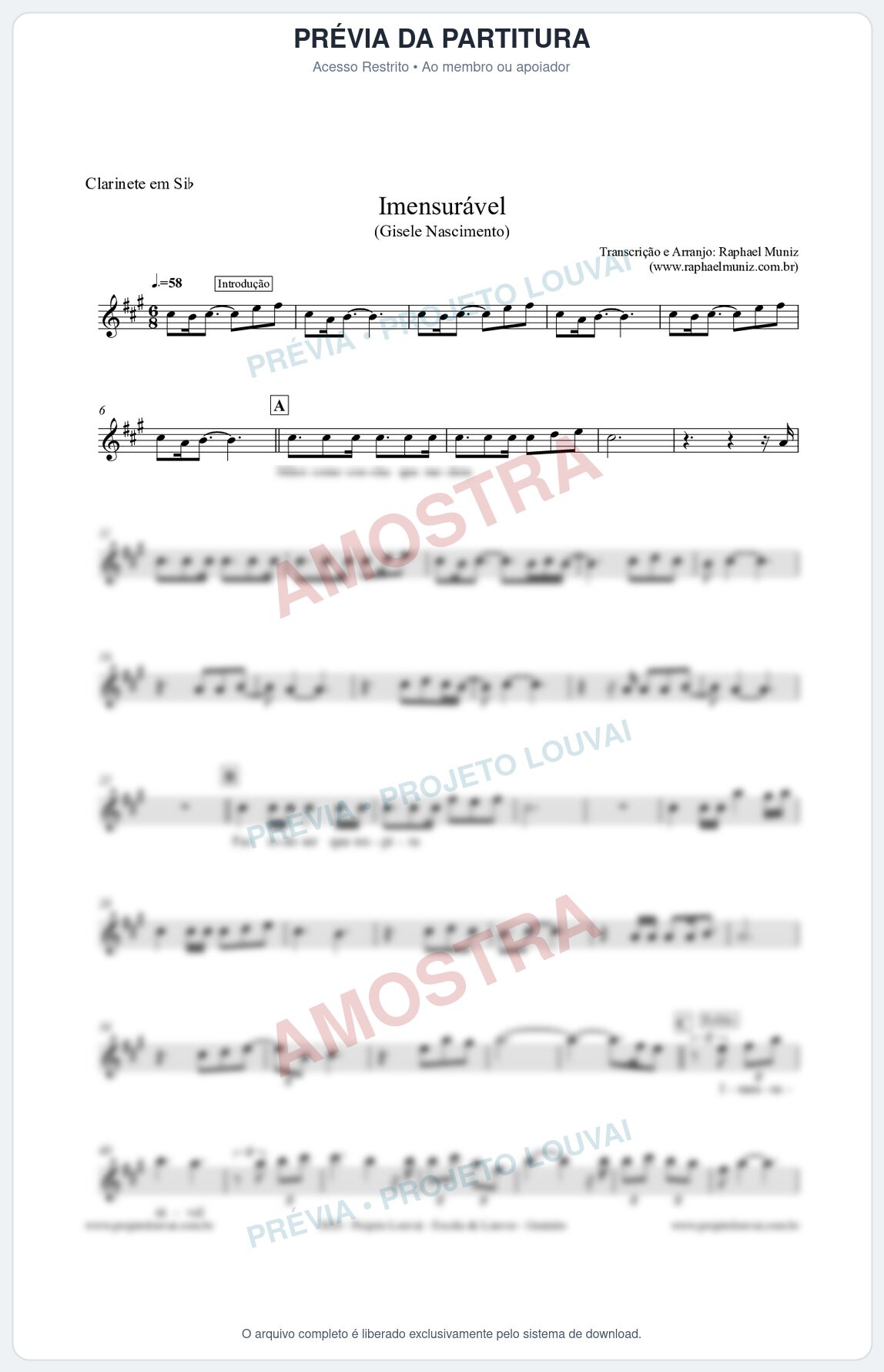 Prévia protegida da primeira página da partitura Partitura para Clarinete em Bb - Imensurável - Gisele Nascimento