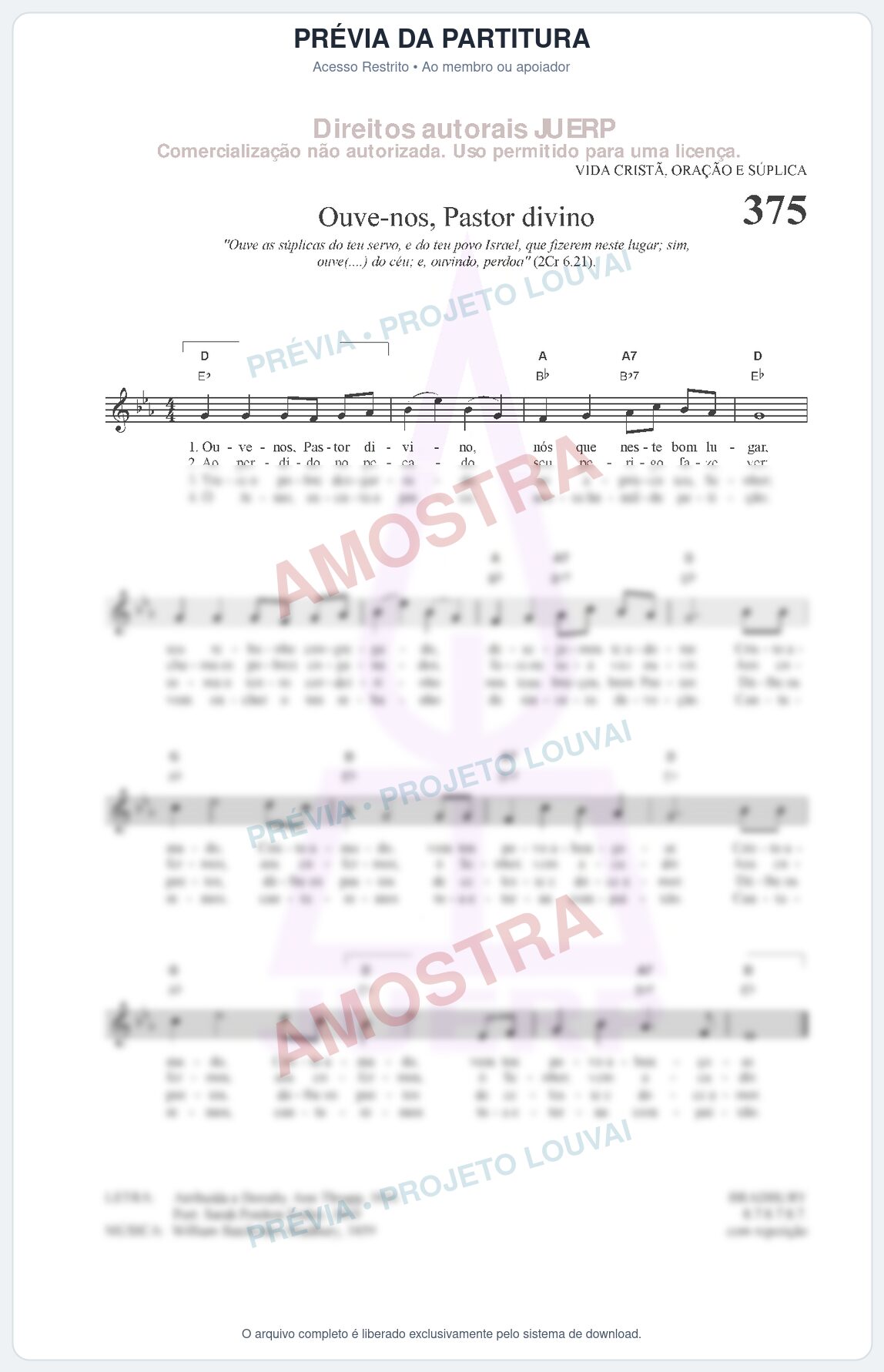 Prévia protegida da primeira página da partitura Partitura da música Ouve-nos, Pastor divino (HCC 375) - Hinário para o Culto Cristão - Tom Eb