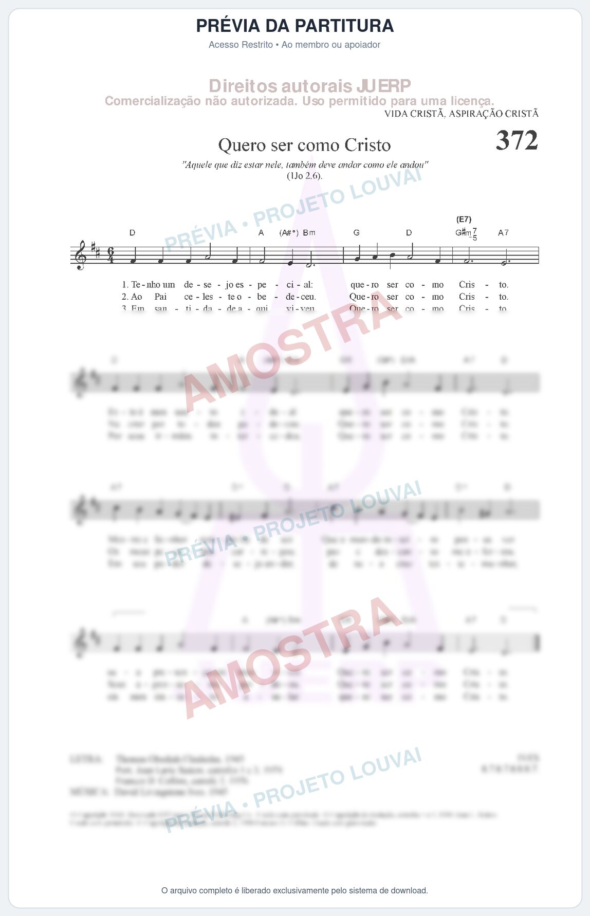 Prévia protegida da primeira página da partitura Partitura da música Quero ser como Cristo (HCC 372) - Hinário para o Culto Cristão - Tom D