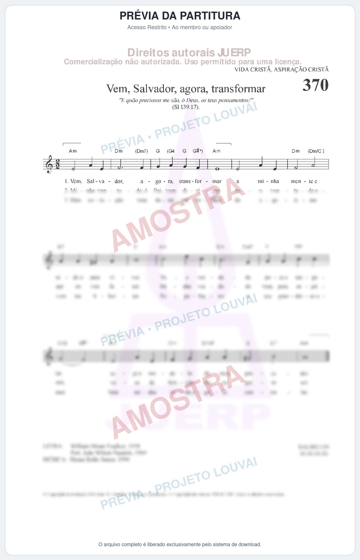 Prévia protegida da primeira página da partitura Partitura da música Vem, Salvador, agora, transformar (HCC 370) - Hinário para o Culto Cristão - Tom Am
