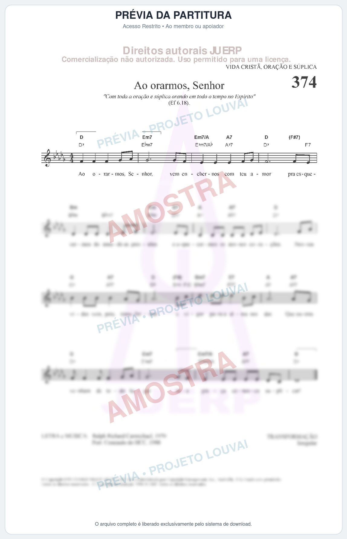 Prévia protegida da primeira página da partitura Partitura da música Ao orarmos, Senhor (HCC 374) - Hinário para o Culto Cristão - Tom Db