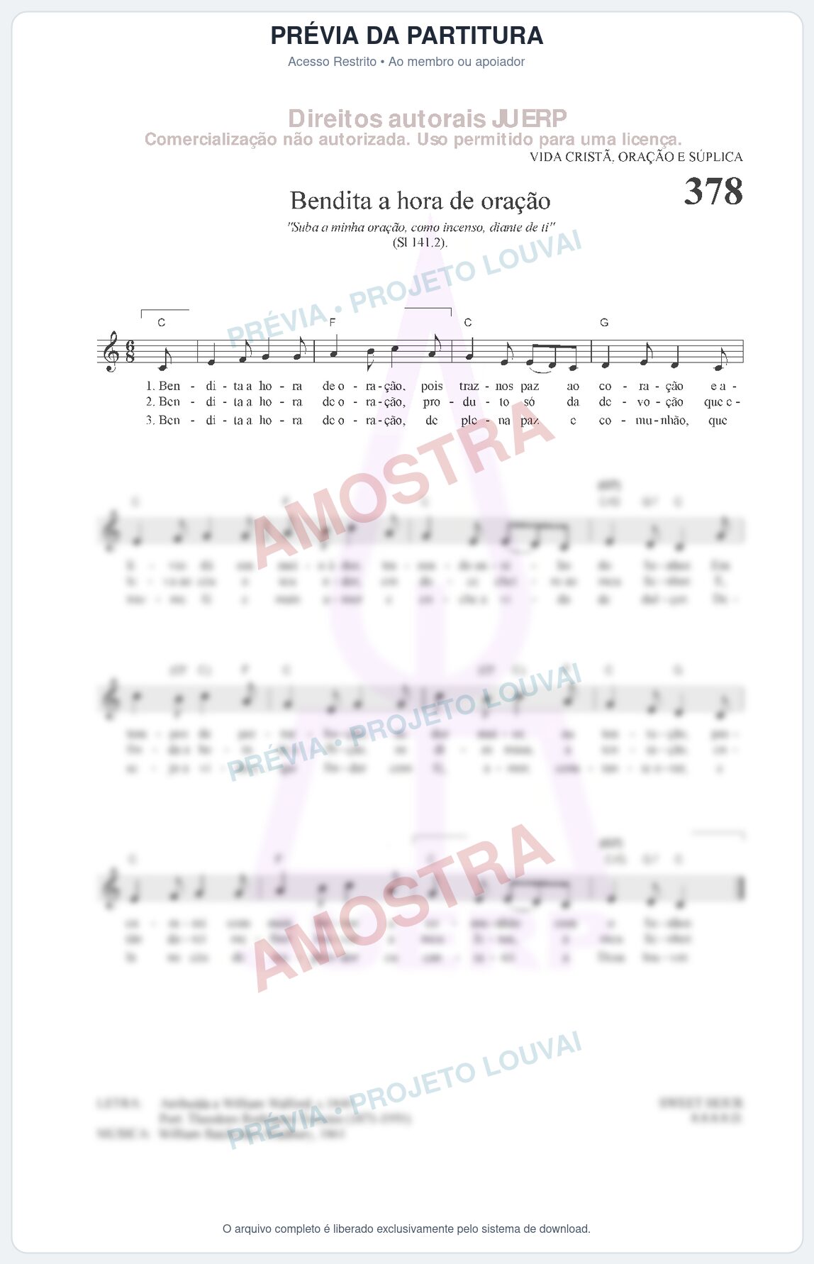 Prévia protegida da primeira página da partitura Partitura da música Bendita a hora de oração (HCC 378) - Hinário para o Culto Cristão - Tom C