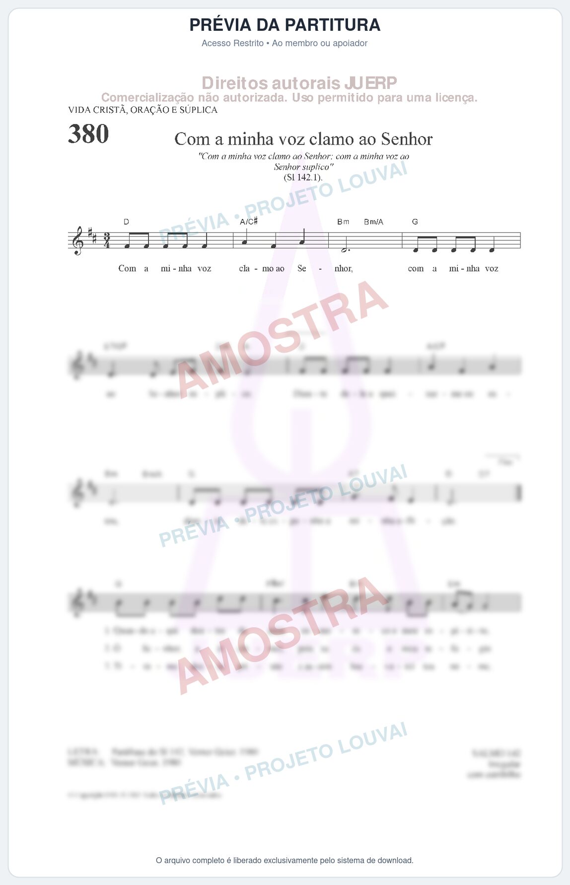 Prévia protegida da primeira página da partitura Partitura da música Com a minha voz clamo ao Senhor (HCC CIFRADO  380) - Hinário para o Culto Cristão - Tom D