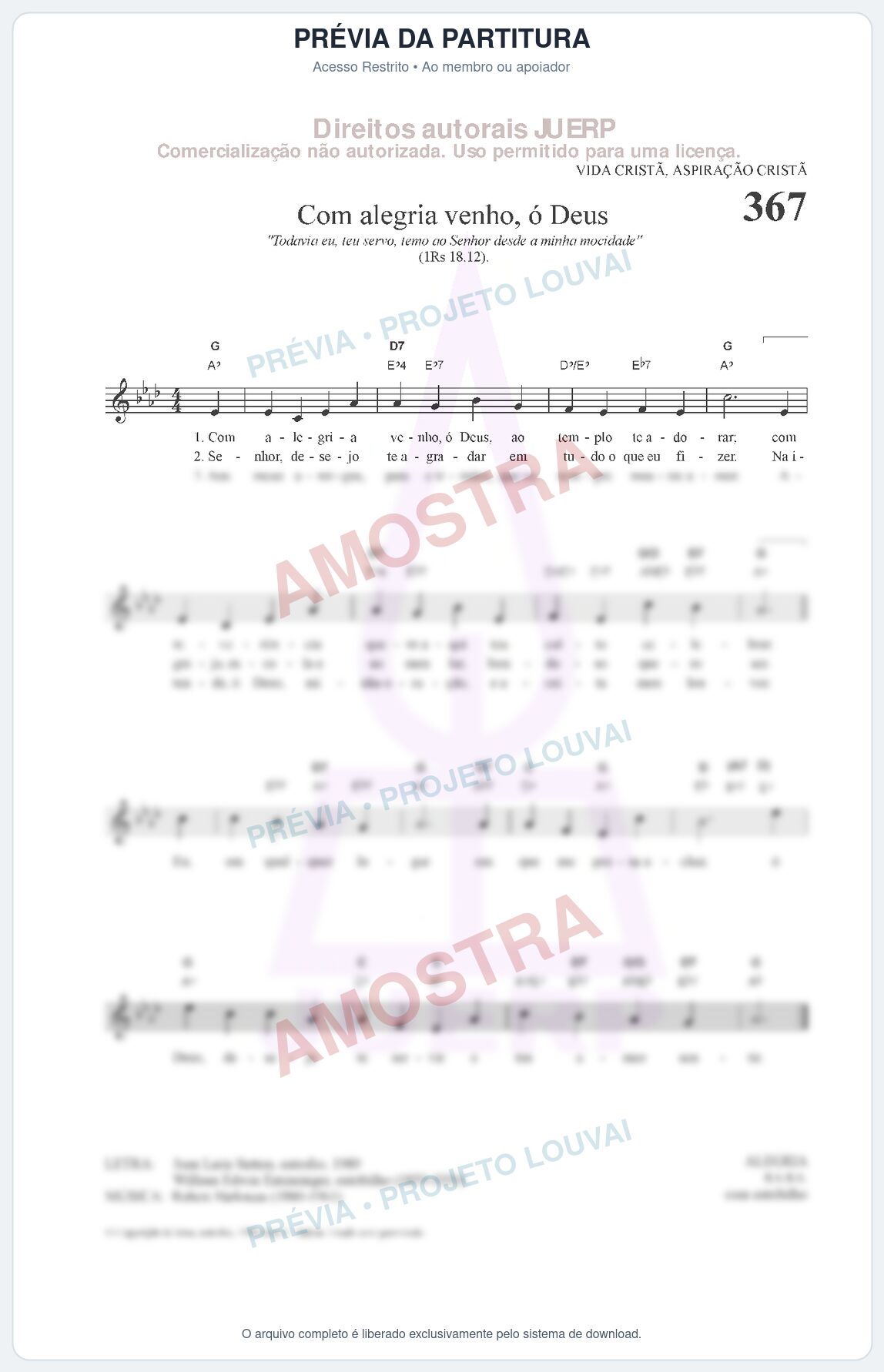 Prévia protegida da primeira página da partitura Partitura da música Com alegria venho, ó Deus (HCC CIFRADO 367) - Hinário para o Culto Cristão - Tom Ab