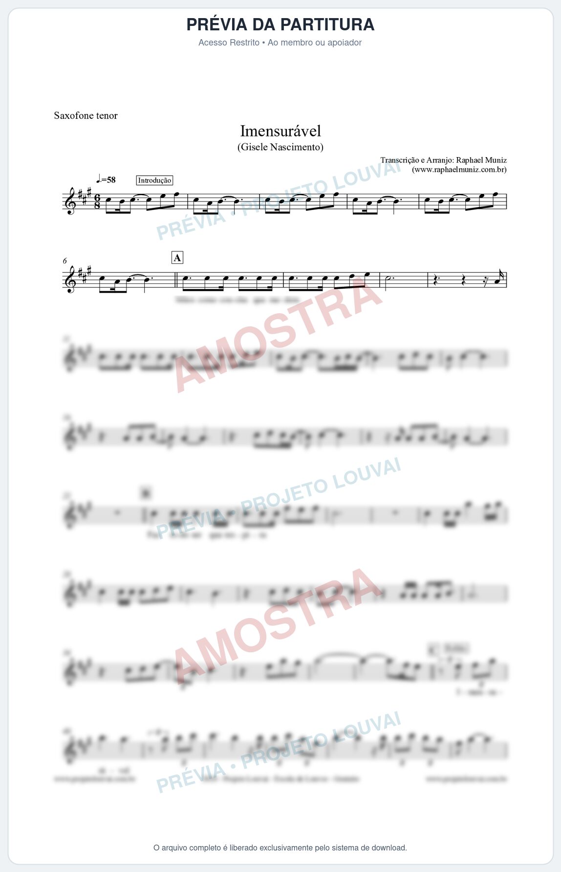 Prévia protegida da primeira página da partitura Partitura para Saxofone Tenor - Imensurável - Gisele Nascimento