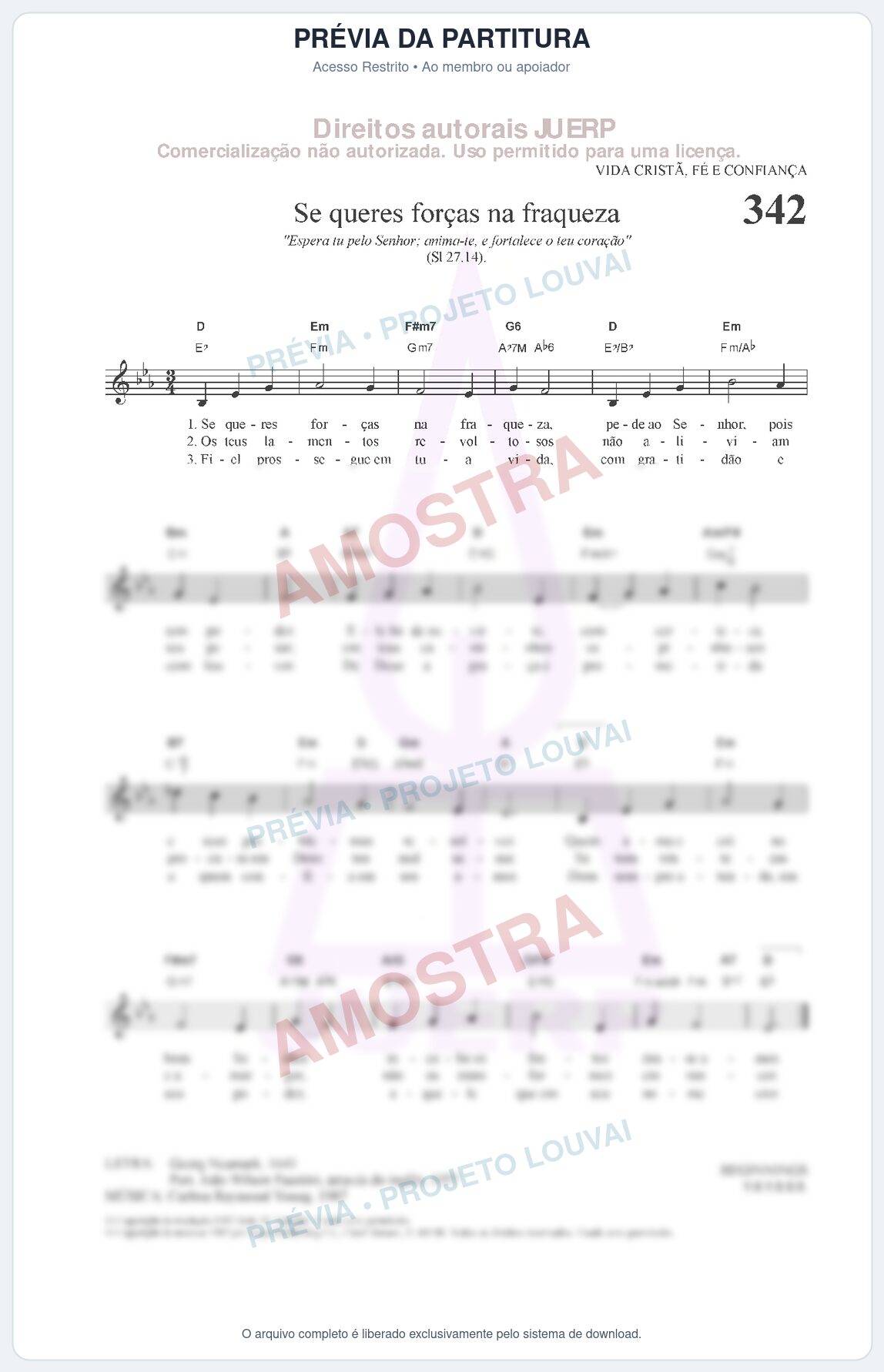Prévia protegida da primeira página da partitura Partitura da música Se queres força na fraqueza (HCC CIFRADO 342) - Hinário para o Culto Cristão - Tom Eb