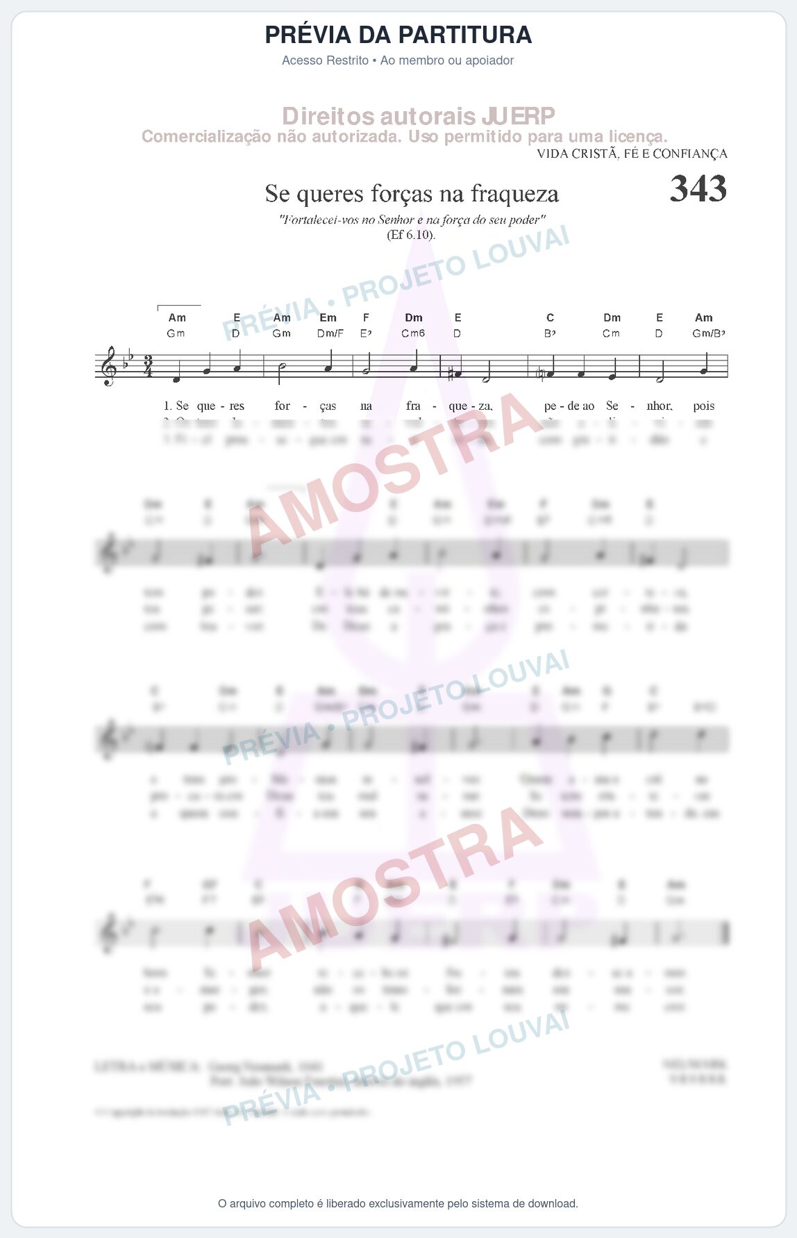 Prévia protegida da primeira página da partitura Partitura da música Se queres força na fraqueza (HCC CIFRADO 343) - Hinário para o Culto Cristão - Tom Gm