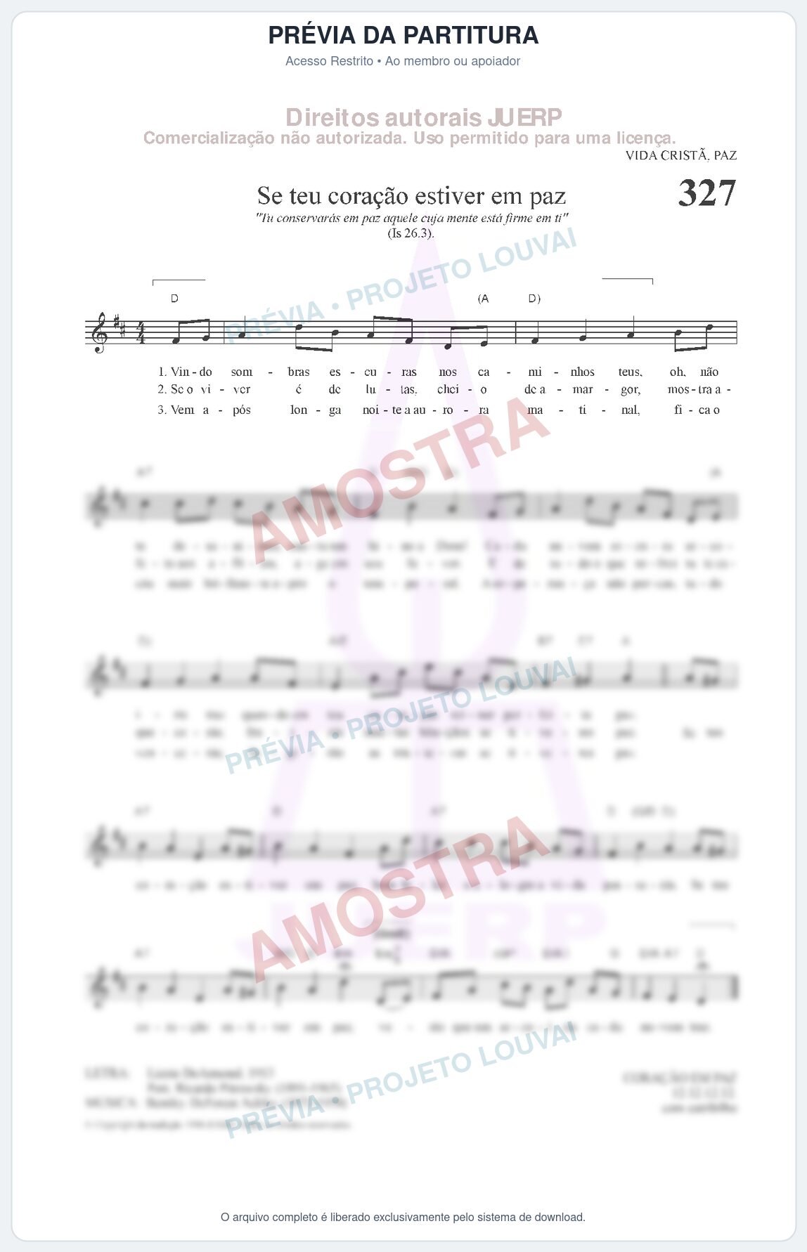 Prévia protegida da primeira página da partitura Partitura da música Se teu coração estiver em paz (HCC CIFRADO 327) - Hinário para o Culto Cristão - Tom D