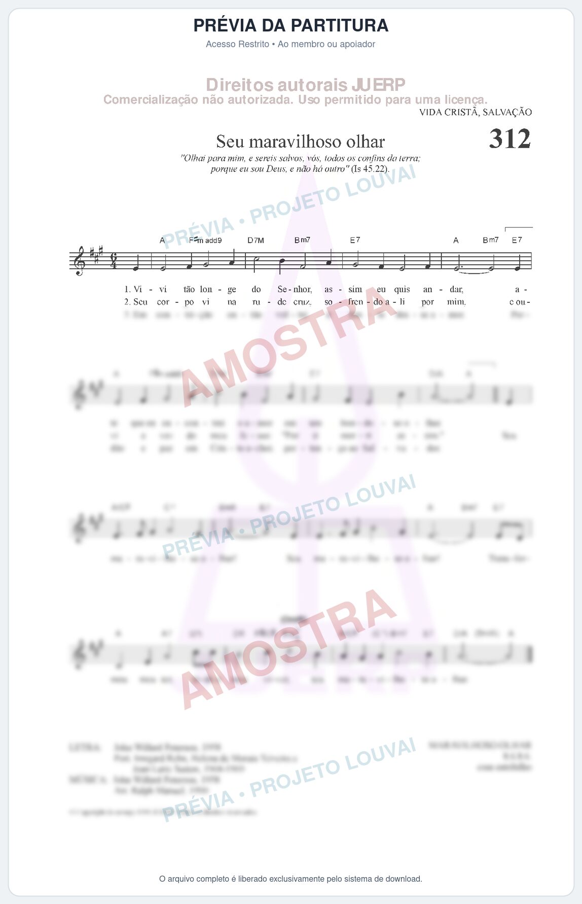 Prévia protegida da primeira página da partitura Partitura da música Seu maravilhoso olhar (HCC CIFRADO 312) - Hinário para o Culto Cristão - Tom A