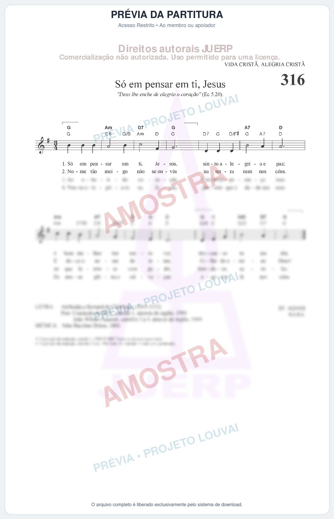 Prévia protegida da primeira página da partitura Partitura da música Só em pensar em ti, Jesus (HCC CIFRADO 316) - Hinário para o Culto Cristão - Tom G