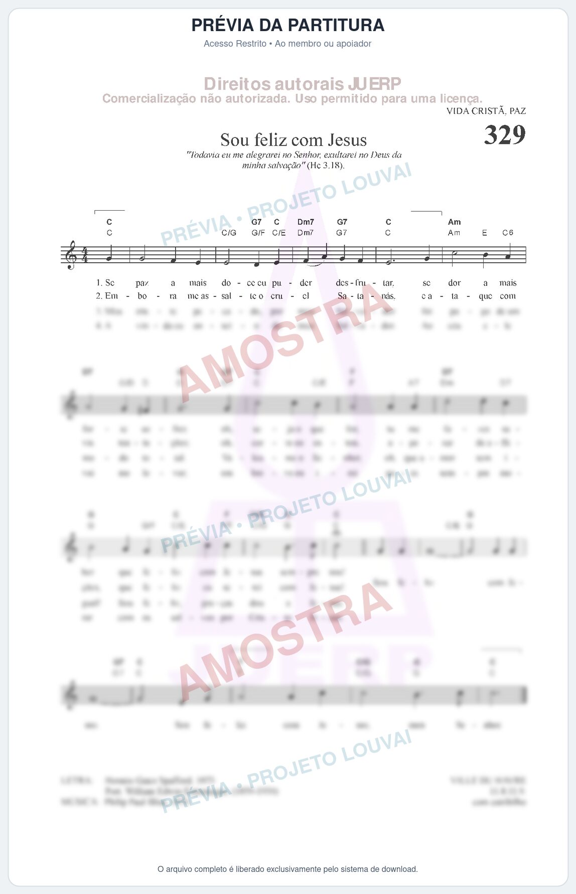 Prévia protegida da primeira página da partitura Partitura da música Sou feliz com Jesus (HCC CIFRADO 329) - Hinário para o Culto Cristão - Tom C