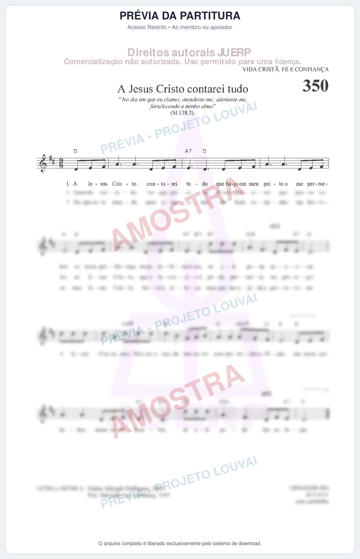 Prévia protegida da primeira página da partitura Partitura da música A Jesus Cristo contarei tudo (HCC CIFRADO 350) - Hinário para o Culto Cristão - Tom D