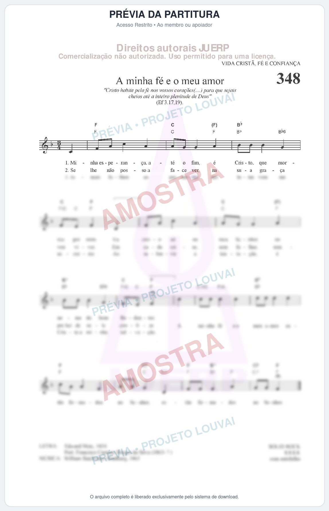 Prévia protegida da primeira página da partitura Partitura da música A minha fé e o meu amor (HCC CIFRADO 348) - Hinário para o Culto Cristão - Tom F