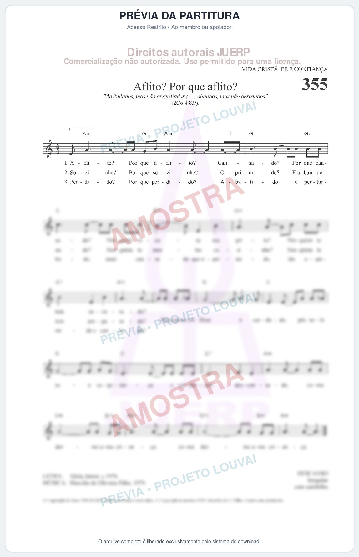 Prévia protegida da primeira página da partitura Partitura da música Aflito, Por que aflito  (HCC CIFRADO 355) - Hinário para o Culto Cristão - Tom Am