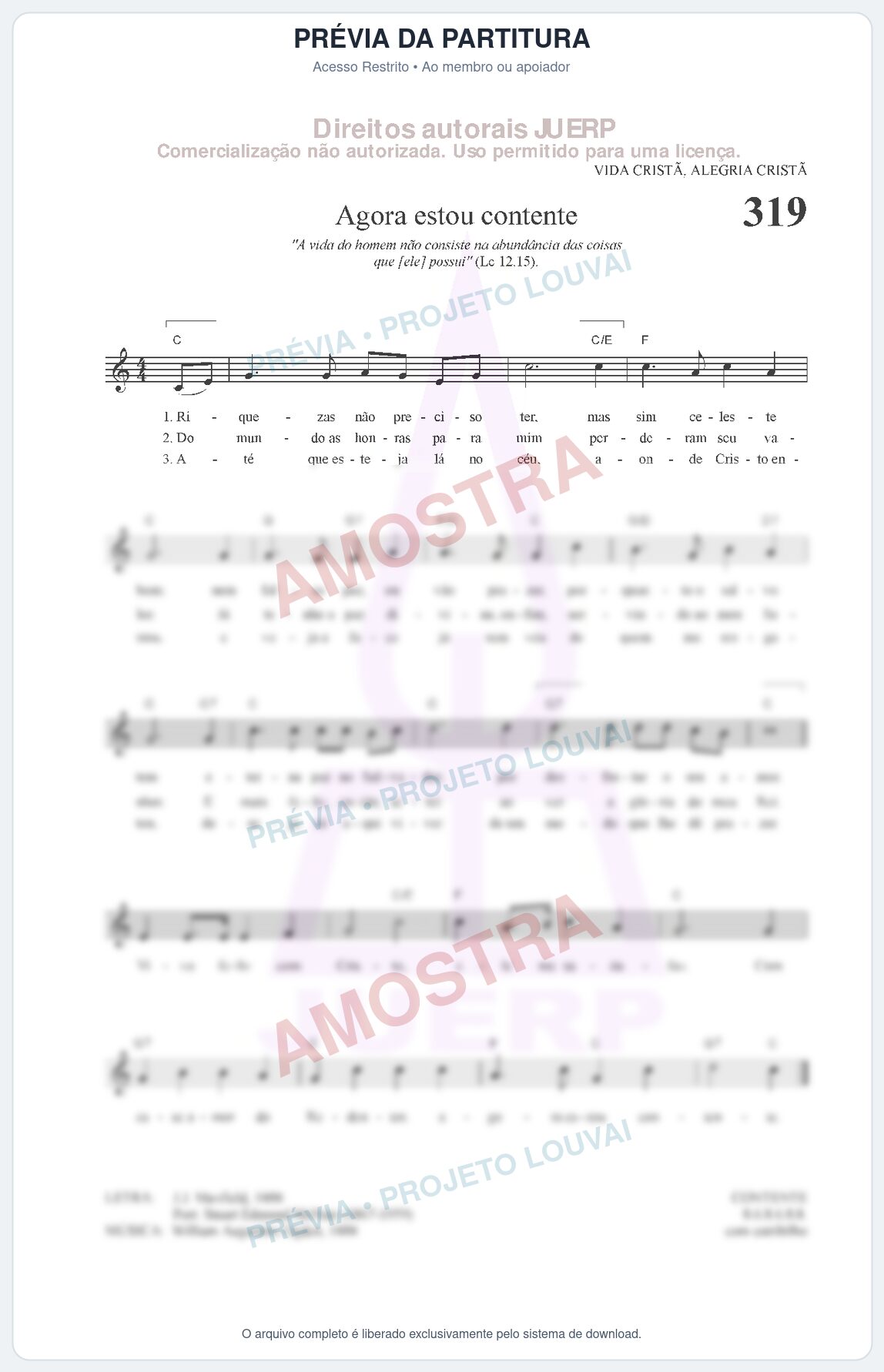 Prévia protegida da primeira página da partitura Partitura da música Agora estou contente (HCC CIFRADO 319) - Hinário para o Culto Cristão - Tom C