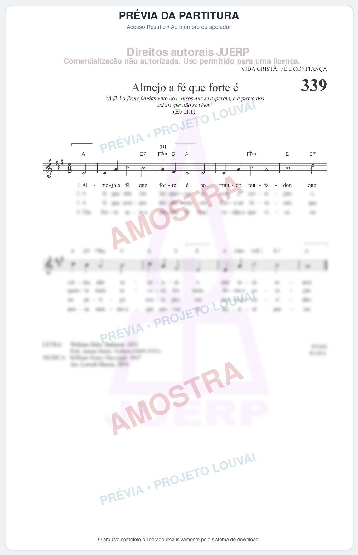 Prévia protegida da primeira página da partitura Partitura da música Almejo a fé que forte é (HCC CIFRADO 339) - Hinário para o Culto Cristão - Tom A