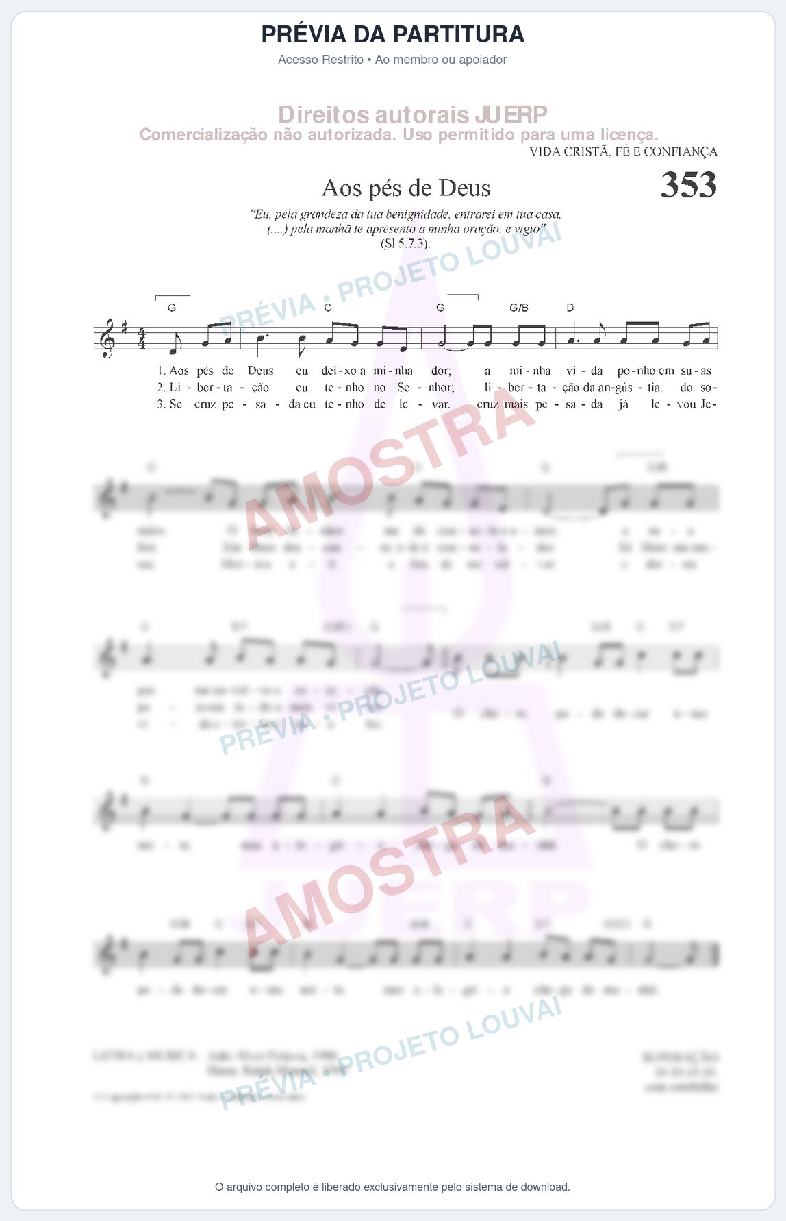 Prévia protegida da primeira página da partitura Partitura da música Aos pés de Deus (HCC CIFRADO 353) - Hinário para o Culto Cristão - Tom G