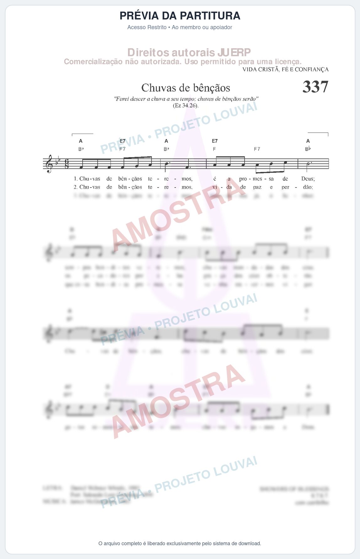Prévia protegida da primeira página da partitura Partitura da música Chuvas de bênçãos (HCC CIFRADO 337) - Hinário para o Culto Cristão - Tom Bb