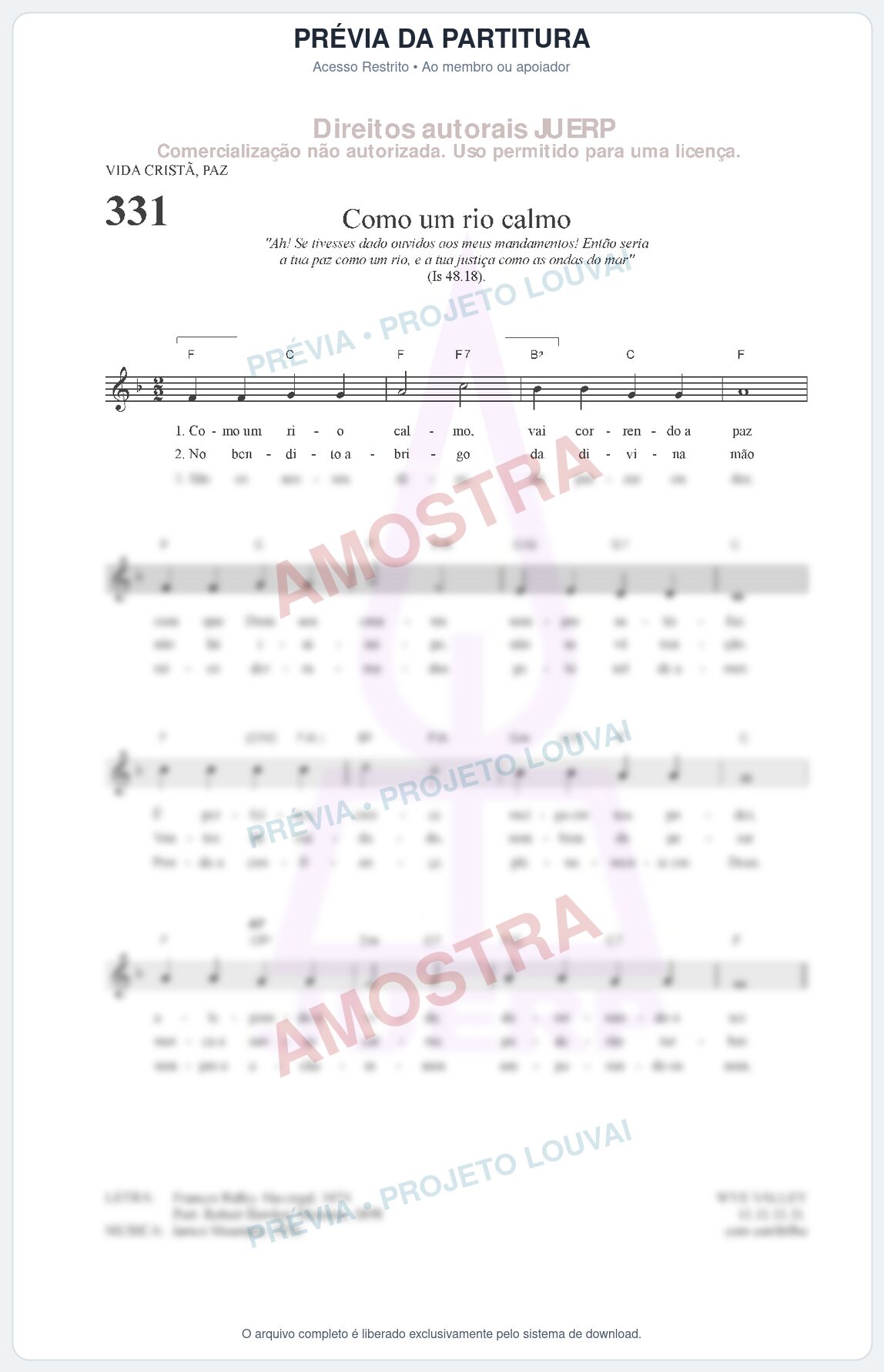 Prévia protegida da primeira página da partitura Partitura da música Como um rio calmo (HCC CIFRADO 331) - Hinário para o Culto Cristão - Tom F
