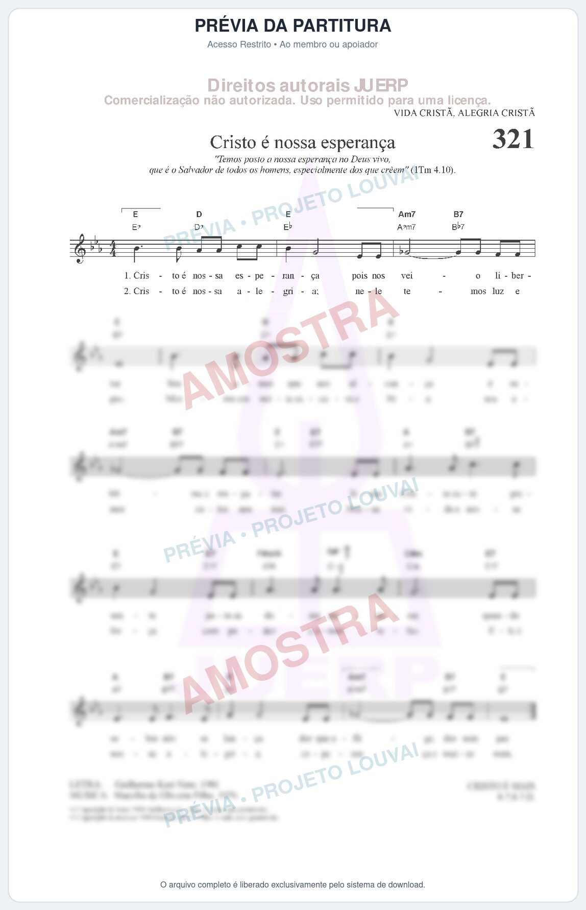Prévia protegida da primeira página da partitura Partitura da música Cristo é nossa esperança (HCC CIFRADO 321) - Hinário para o Culto Cristão - Tom Eb