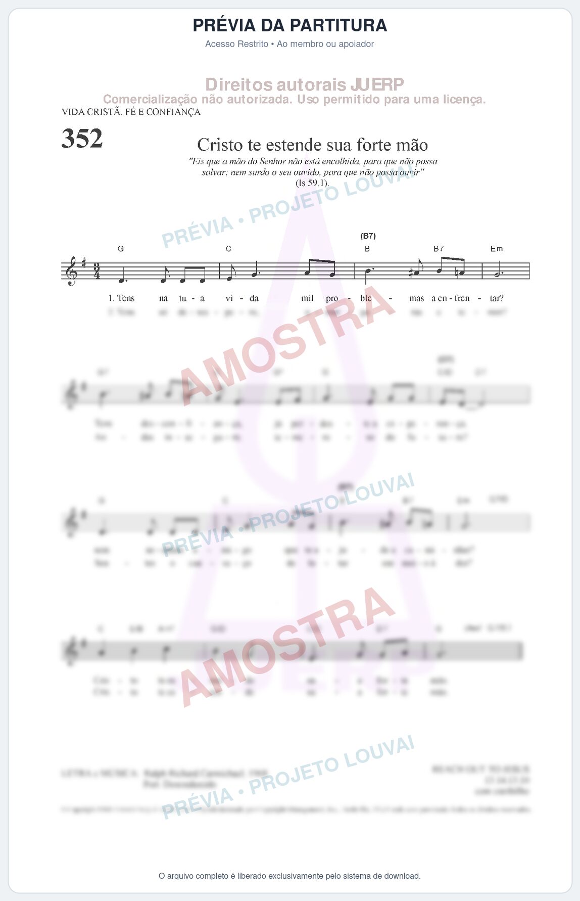 Prévia protegida da primeira página da partitura Partitura da música Cristo te estende sua forte mão (HCC CIFRADO 352) - Hinário para o Culto Cristão - Tom G