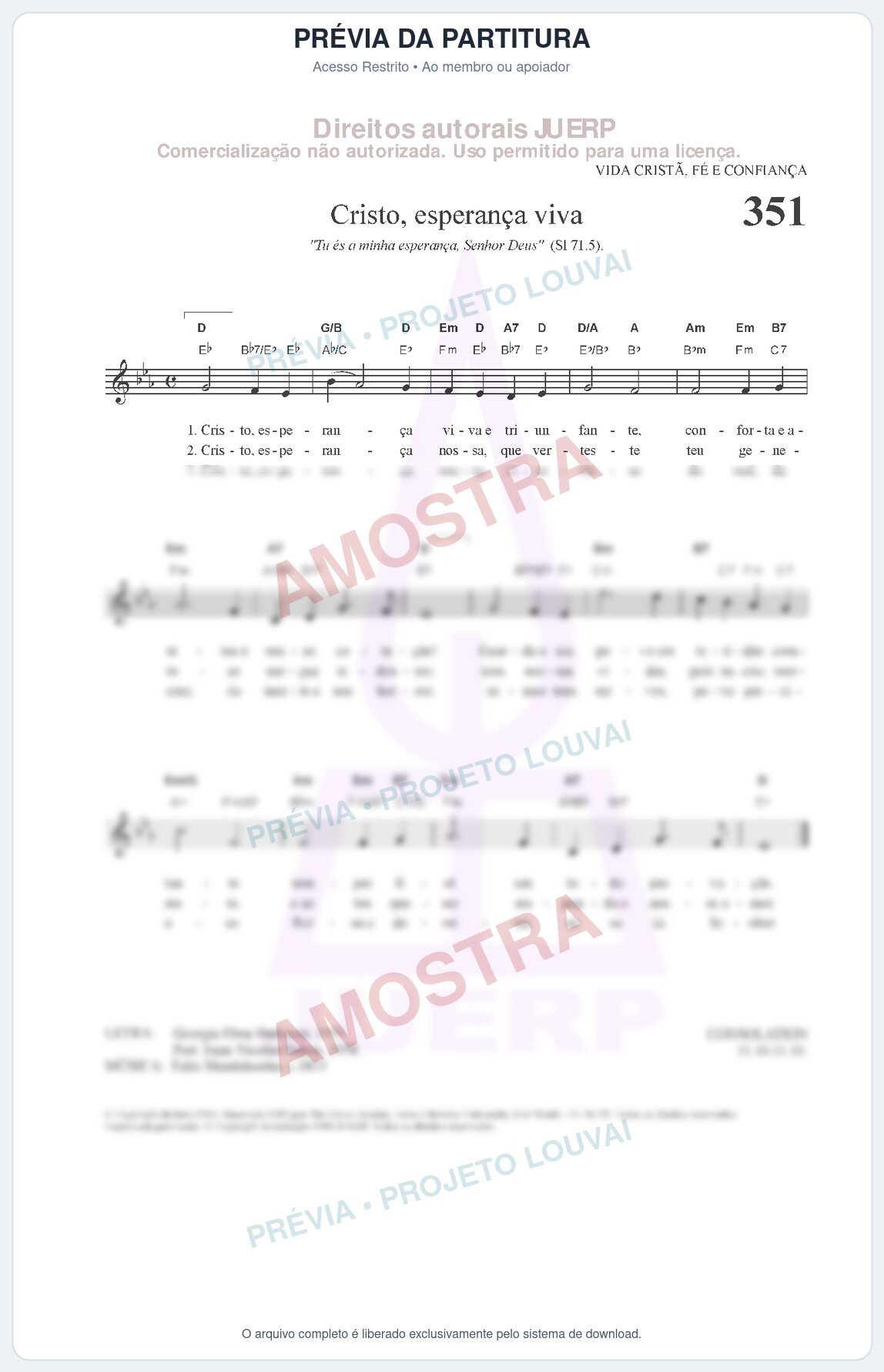 Prévia protegida da primeira página da partitura Partitura da música Cristo, esperança viva (HCC CIFRADO 351) - Hinário para o Culto Cristão - Tom Eb