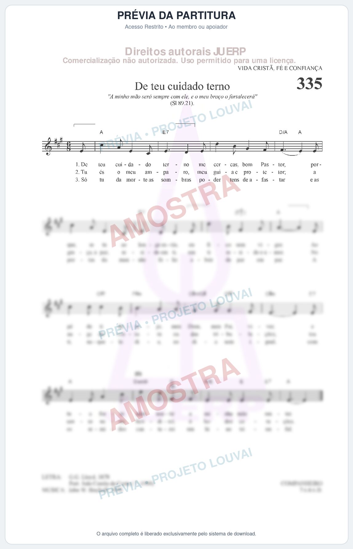 Prévia protegida da primeira página da partitura Partitura da música De teu cuidado eterno (HCC CIFRADO 335) - Hinário para o Culto Cristão - Tom A