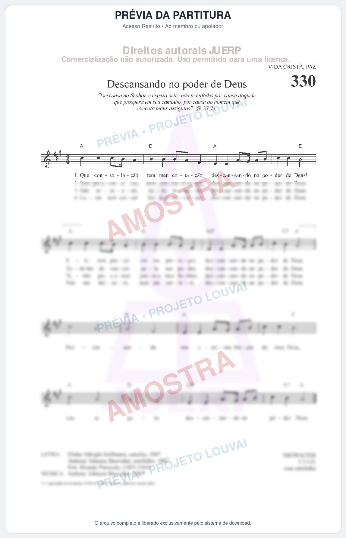 Prévia protegida da primeira página da partitura Partitura da música Descansando no poder de Deus (HCC CIFRADO 330) - Hinário para o Culto Cristão - Tom A
