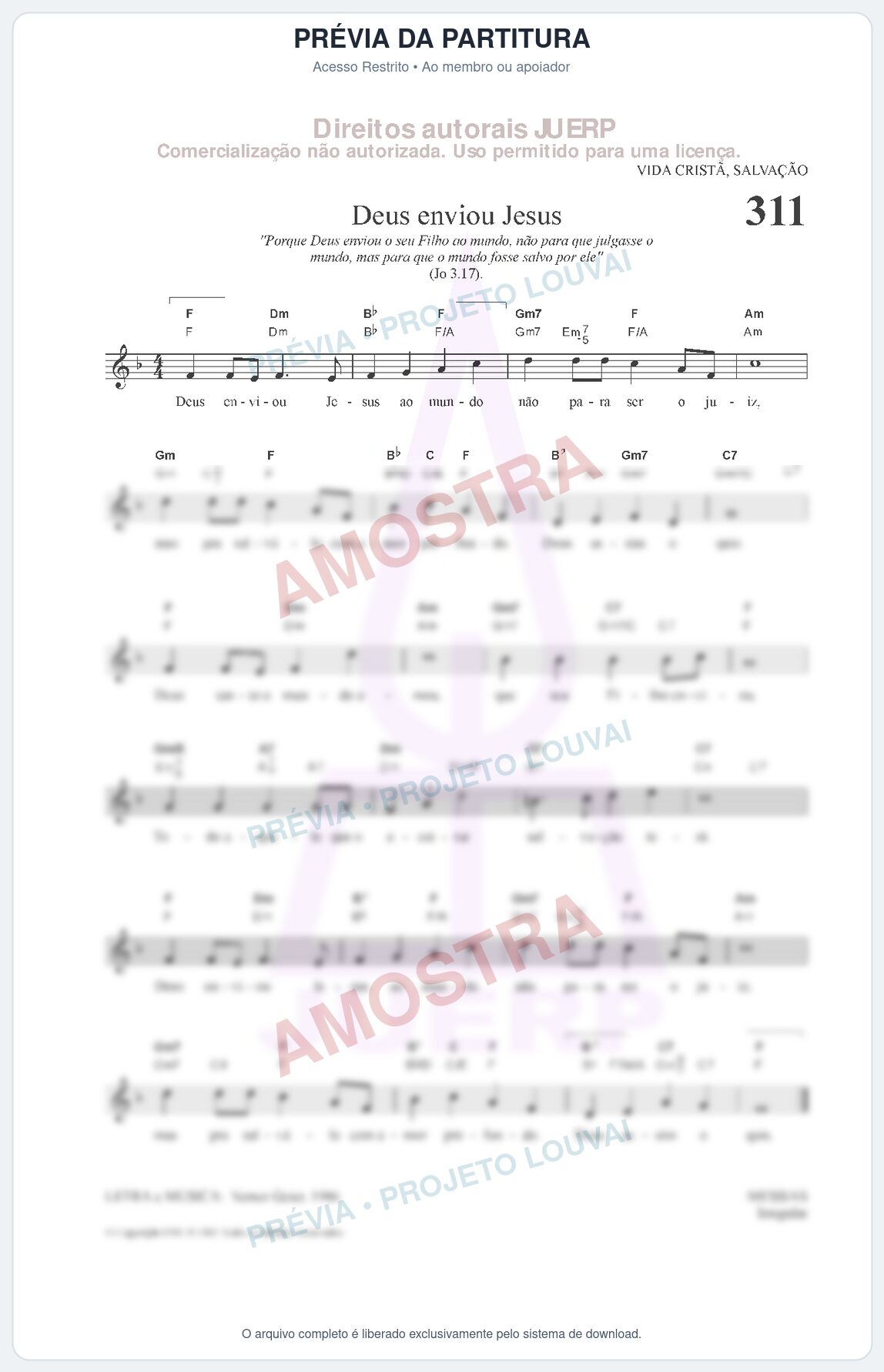 Prévia protegida da primeira página da partitura Partitura da música Deus enviou Jesus (HCC CIFRADO 311) - Hinário para o Culto Cristão - Tom F