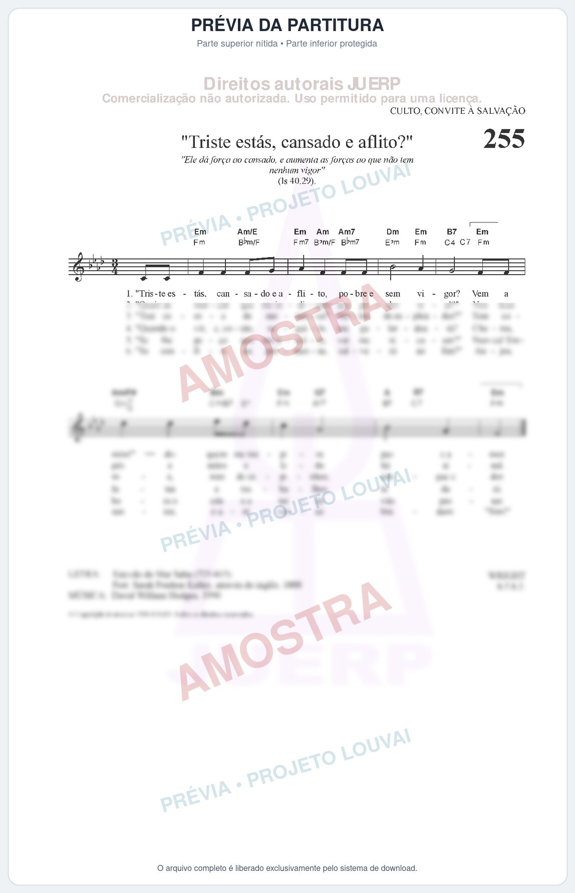 Prévia protegida da primeira página da partitura Partitura da música Triste estás, cansado e aflito (HCC CIFRADO 255) - Hinário para o Culto Cristão - Tom Fm