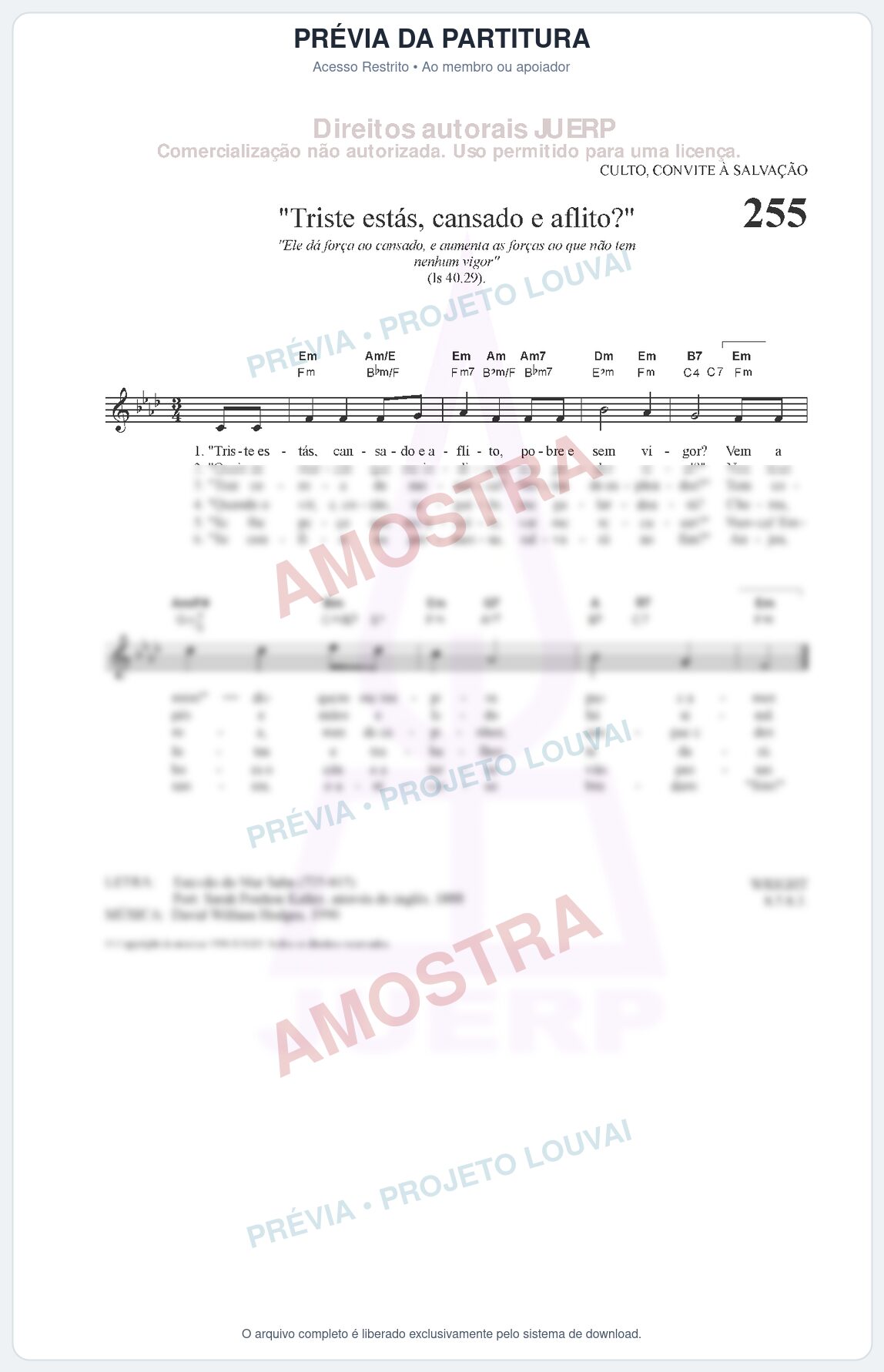 Prévia protegida da primeira página da partitura Partitura da música Triste estás, cansado e aflito (HCC CIFRADO 255) - Hinário para o Culto Cristão - Tom Fm