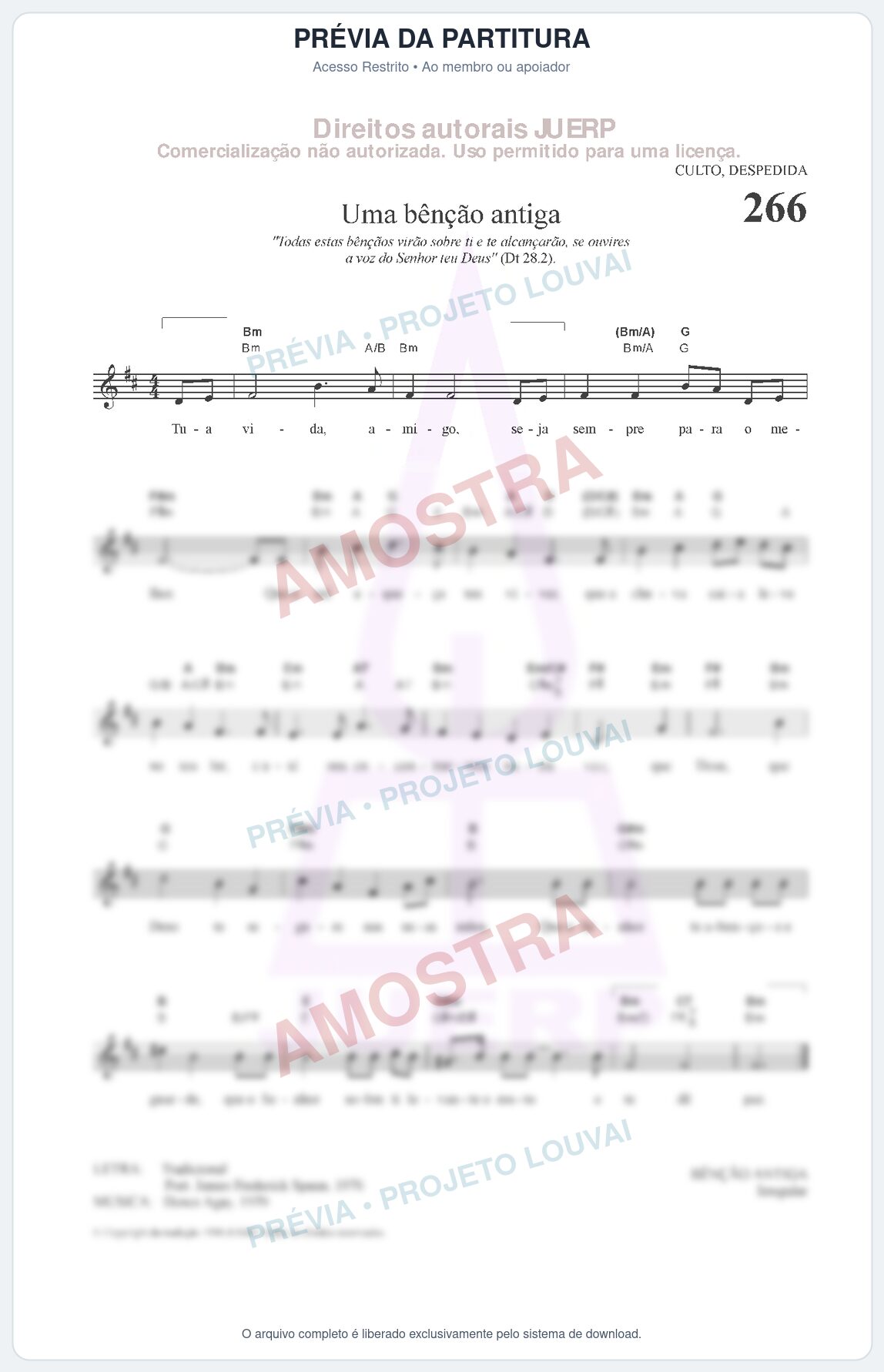 Prévia protegida da primeira página da partitura Partitura da música Uma bênção antiga (HCC CIFRADO 266) - Hinário para o Culto Cristão - Tom Bm