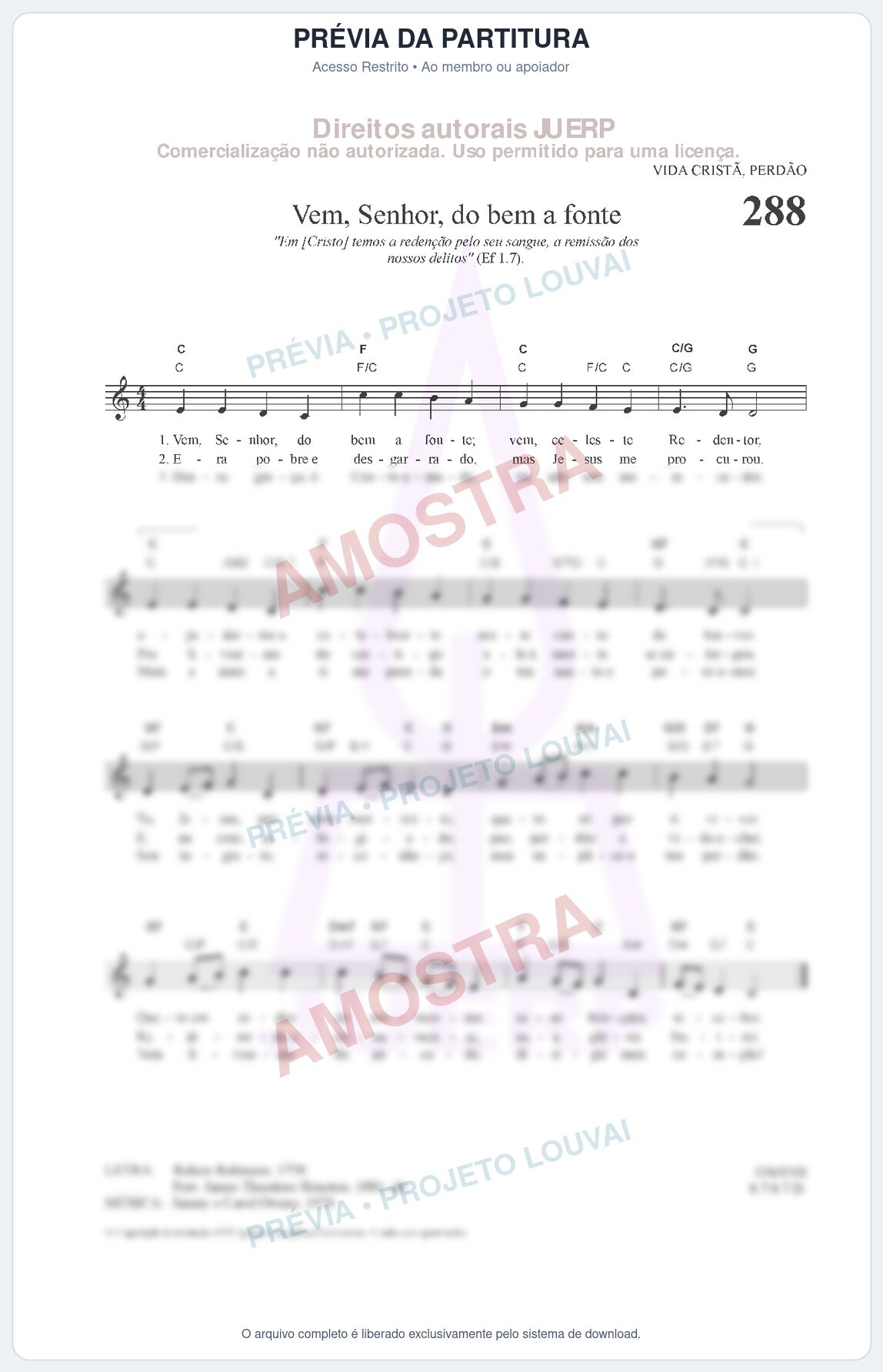 Prévia protegida da primeira página da partitura Partitura da música Vem, Senhor, do bem a fonte (HCC CIFRADO 288) - Hinário para o Culto Cristão - Tom C