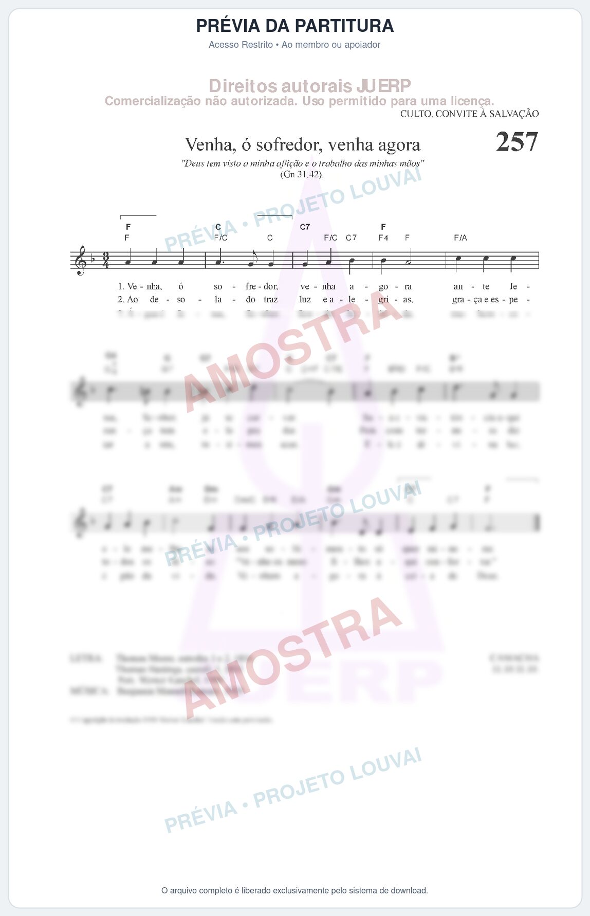 Prévia protegida da primeira página da partitura Partitura da música Venha, ó sofredor, venha agora (HCC CIFRADO 257) - Hinário para o Culto Cristão - Tom F