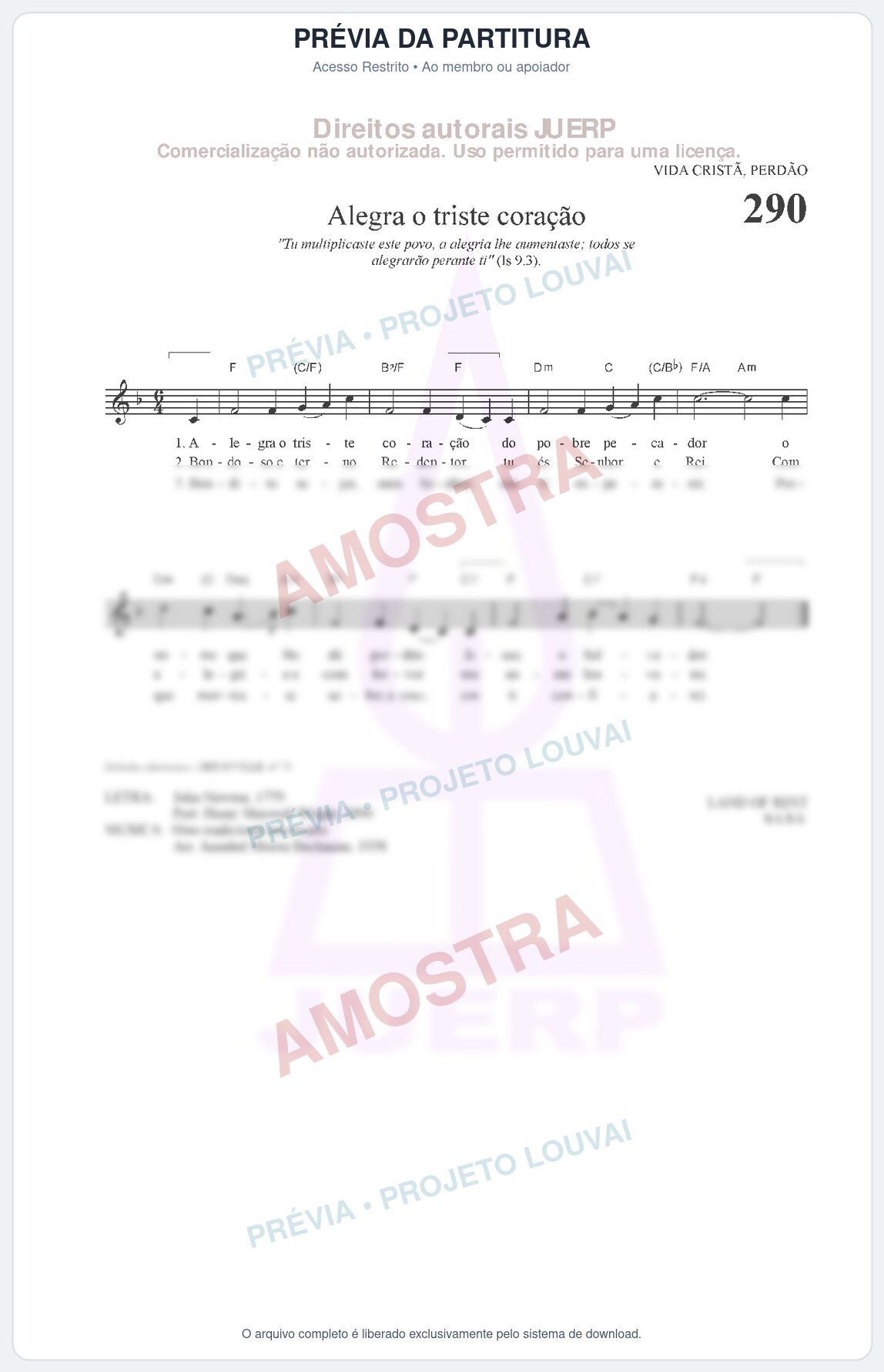 Prévia protegida da primeira página da partitura Partitura da música Alegra o triste coração (HCC CIFRADO 290) - Hinário para o Culto Cristão - Tom F