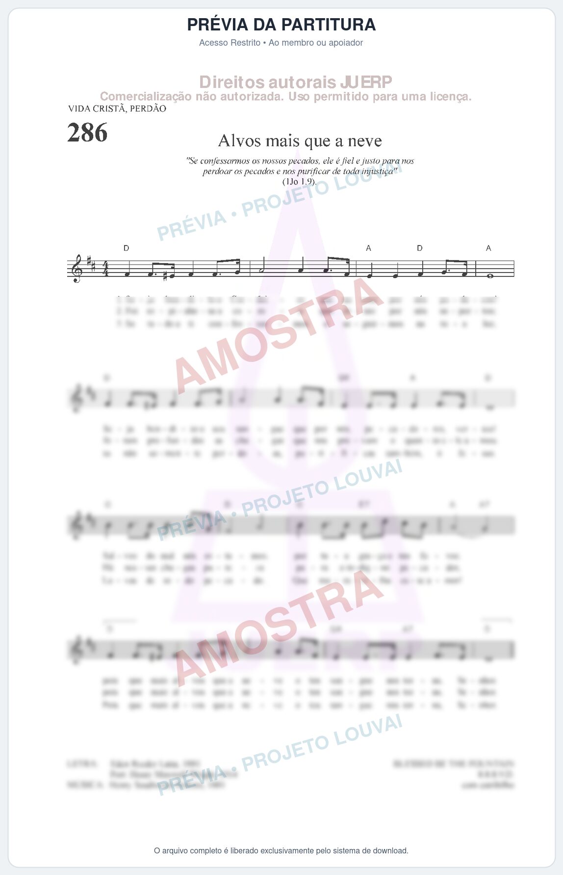 Prévia protegida da primeira página da partitura Partitura da música Alvos mais que neve (HCC CIFRADO 286) - Hinário para o Culto Cristão - Tom D