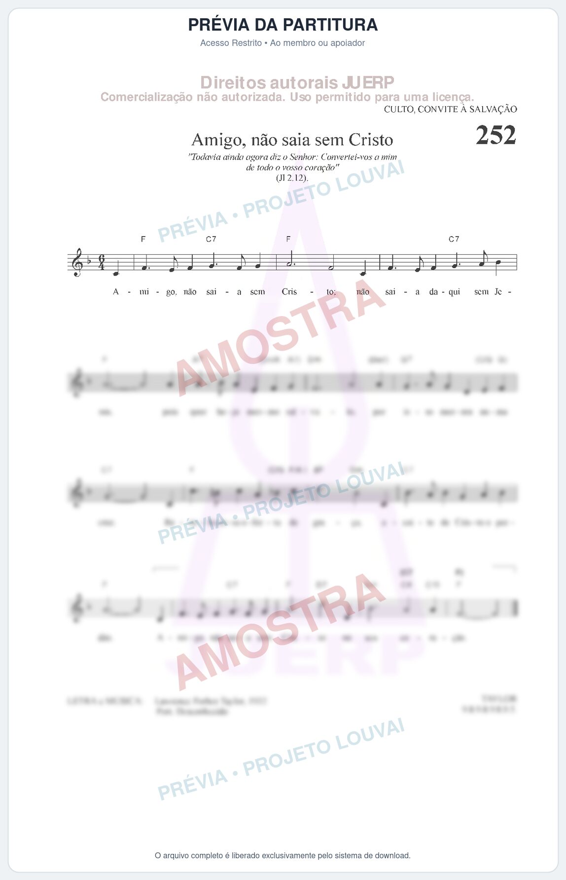 Prévia protegida da primeira página da partitura Partitura da música Amigo, não saia sem Cristo (HCC CIFRADO 252) - Hinário para o Culto Cristão - Tom F