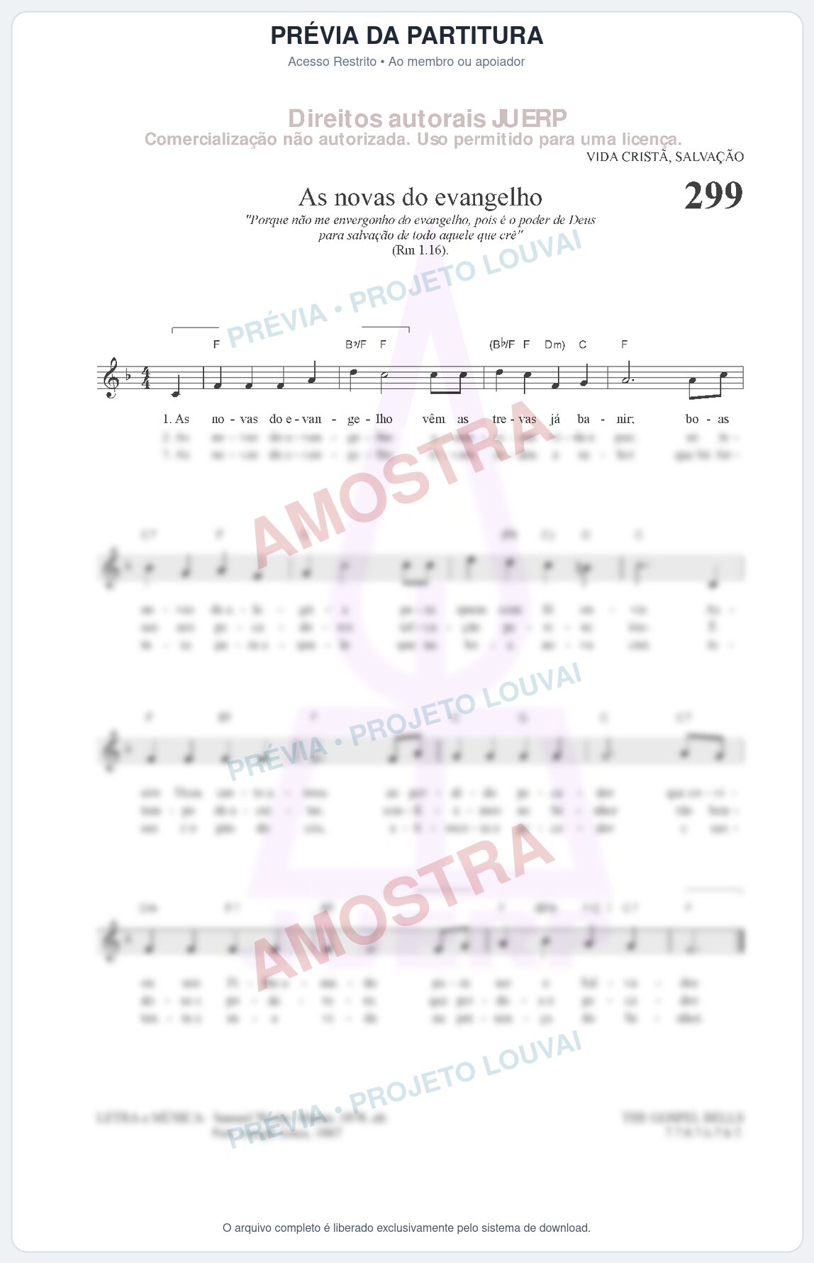 Prévia protegida da primeira página da partitura Partitura da música As novas do evangelho (HCC CIFRADO 299) - Hinário para o Culto Cristão - Tom F