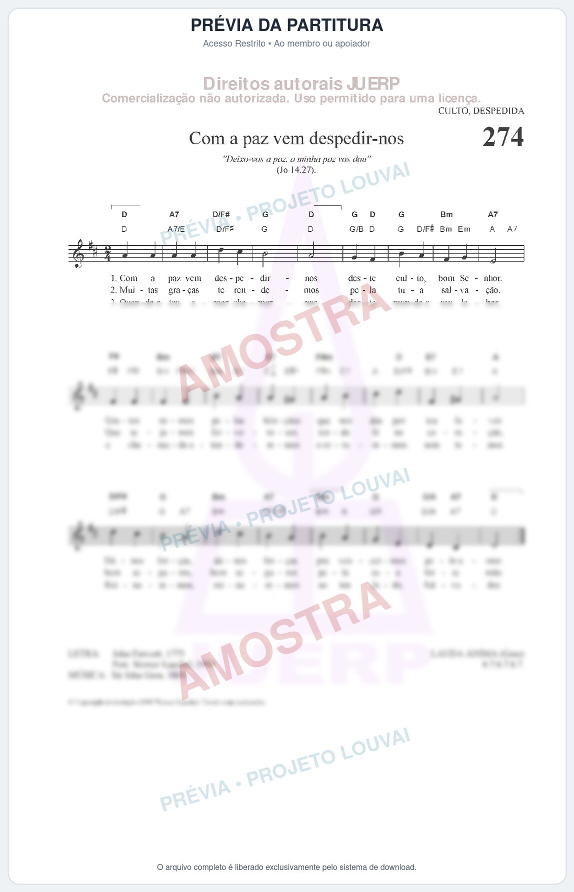 Prévia protegida da primeira página da partitura Partitura da música Com a paz vem despedir-nos (HCC CIFRADO 274) - Hinário para o Culto Cristão - Tom D