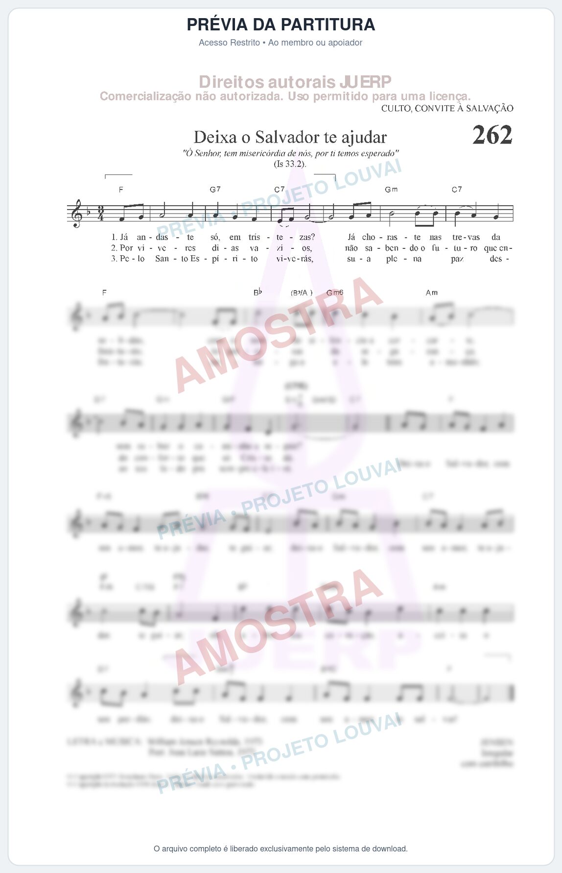 Prévia protegida da primeira página da partitura Partitura da música Deixa o Salvador te ajudar (HCC CIFRADO 262) - Hinário para o Culto Cristão - Tom F