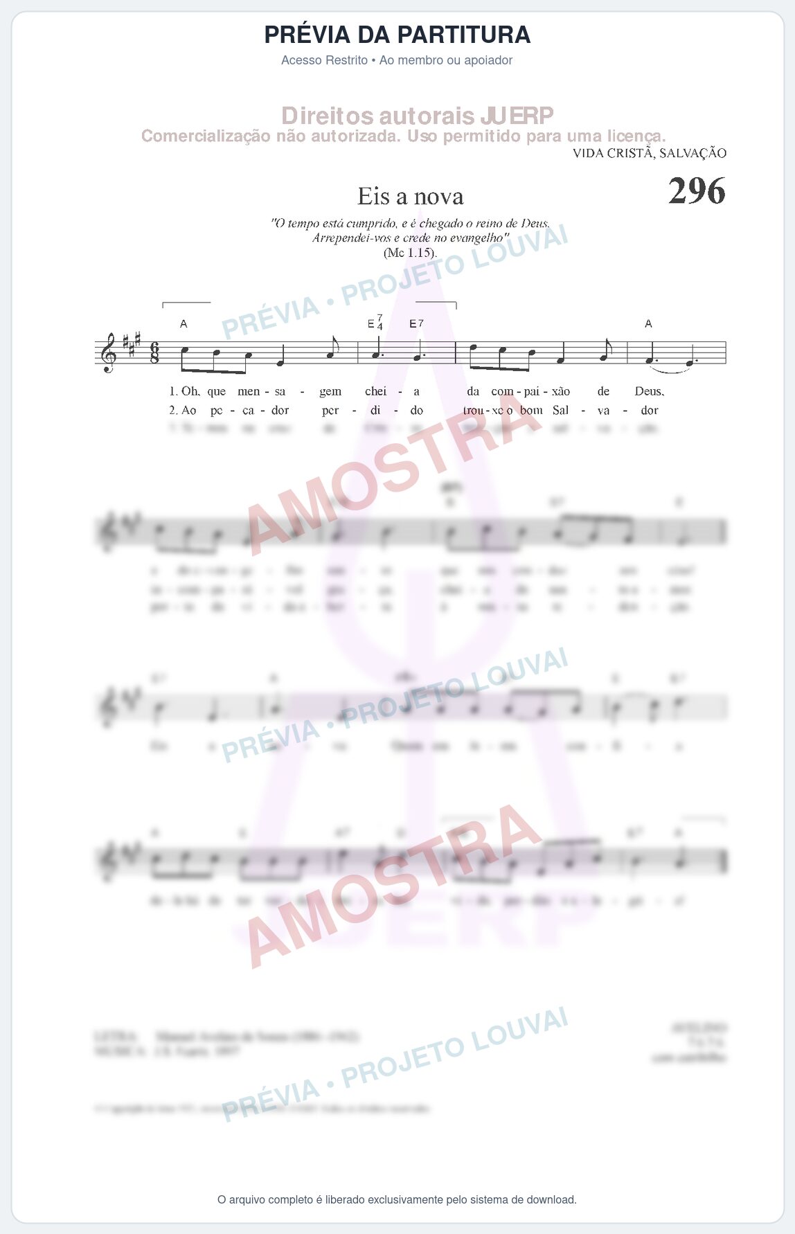 Prévia protegida da primeira página da partitura Partitura da música Eis a nova (HCC CIFRADO 296) - Hinário para o Culto Cristão - Tom A