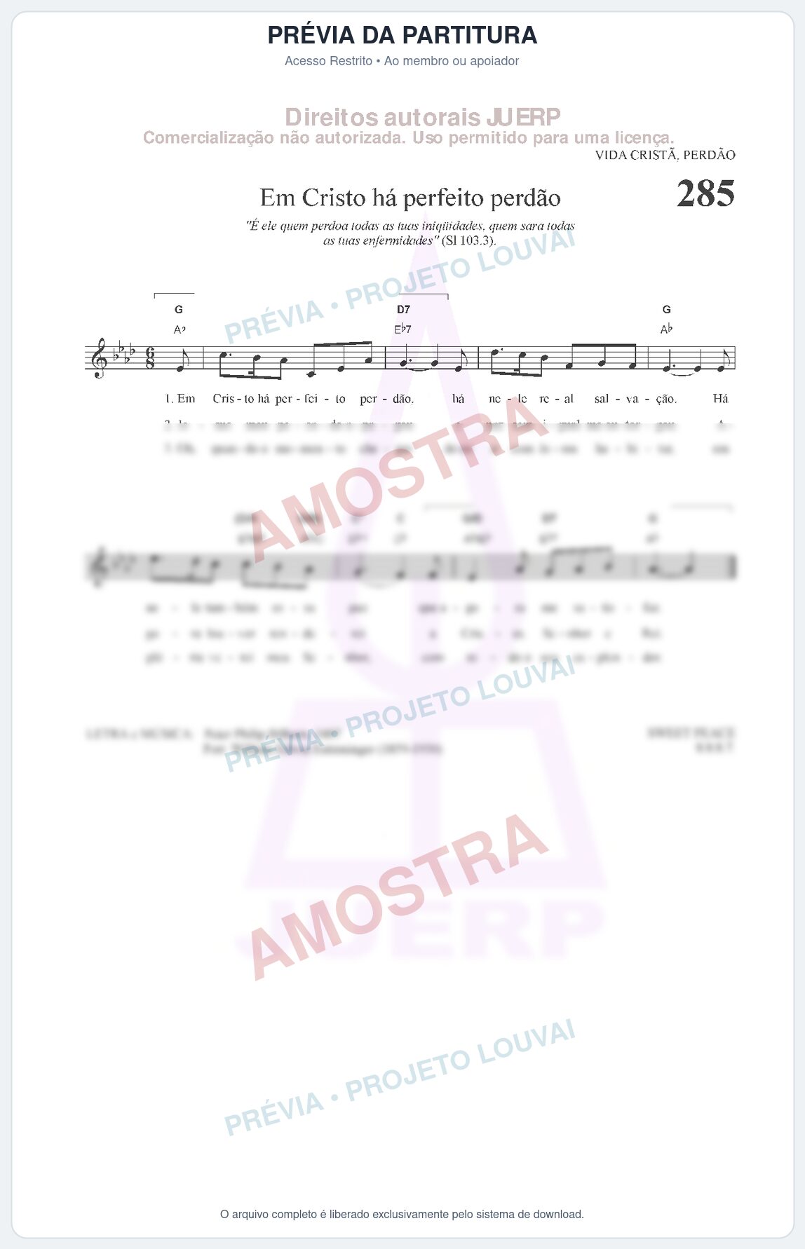 Prévia protegida da primeira página da partitura Partitura da música Em Cristo há perfeito perdão (HCC CIFRADO 285) - Hinário para o Culto Cristão - Tom Ab