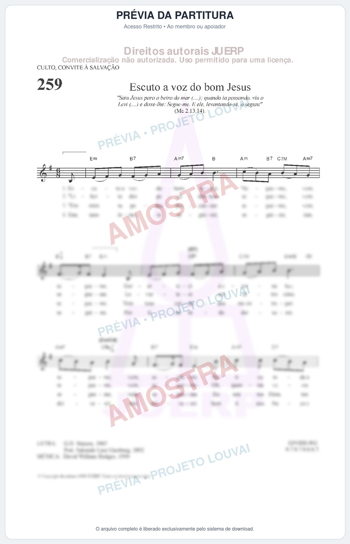 Prévia protegida da primeira página da partitura Partitura da música Escuto a voz do bom Jesus (HCC CIFRADO 259) - Hinário para o Culto Cristão - Tom Em