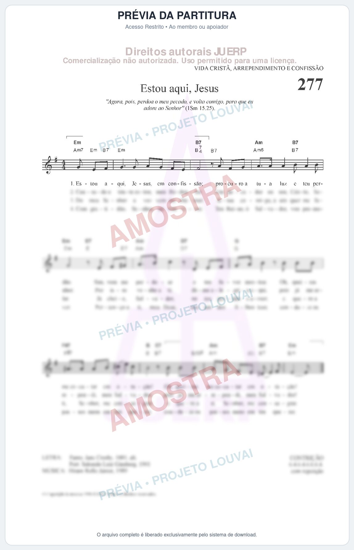 Prévia protegida da primeira página da partitura Partitura da música Estou aqui, Jesus (HCC CIFRADO 277) - Hinário para o Culto Cristão - Tom Em