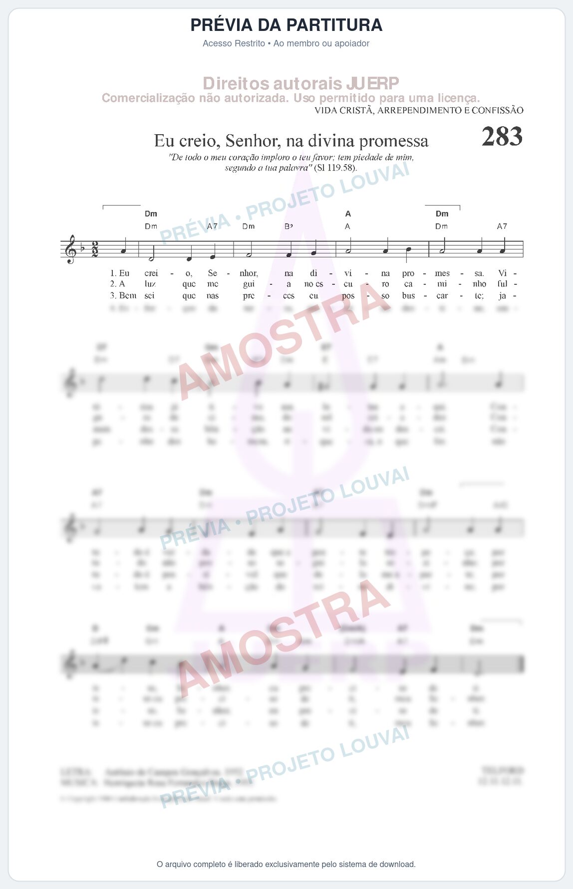 Prévia protegida da primeira página da partitura Partitura da música Eu creio, Senhor, na divina promessa (HCC CIFRADO 283) - Hinário para o Culto Cristão - Tom Dm