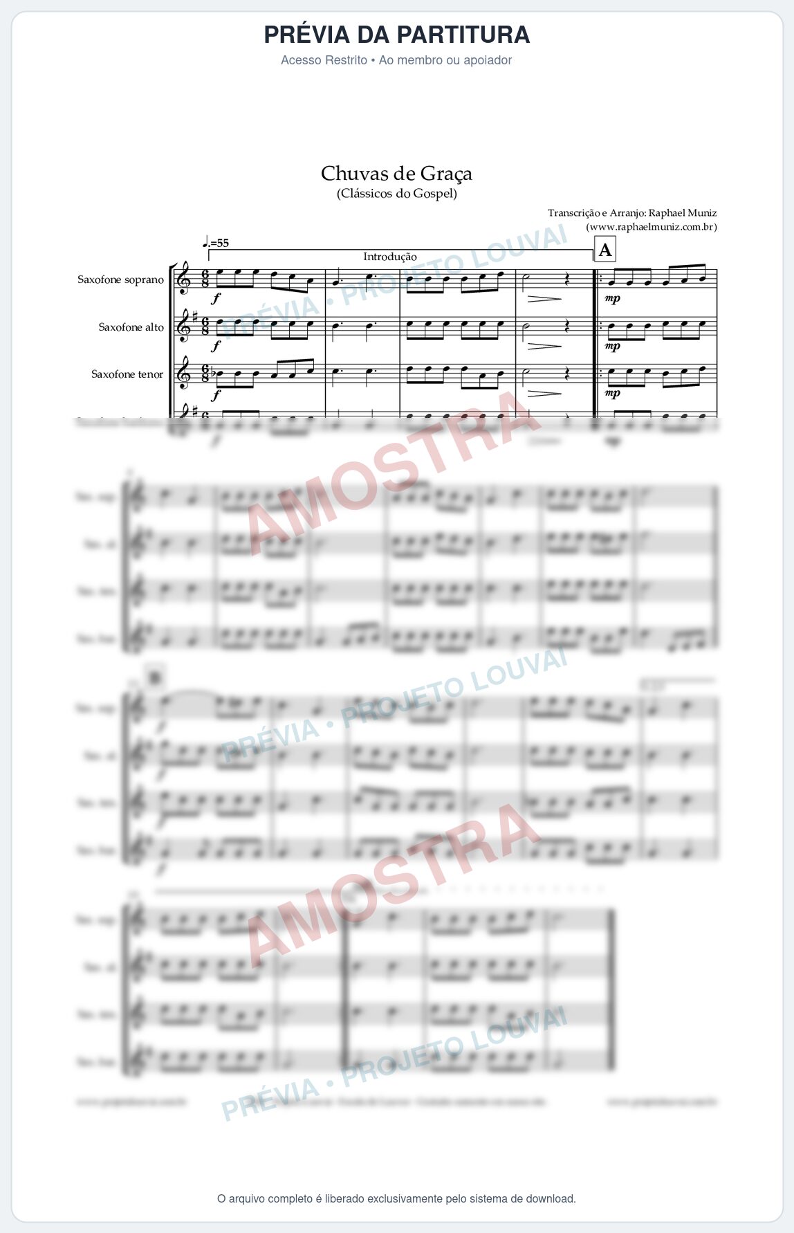 Prévia protegida da primeira página da partitura Partitura para Quarteto de Saxofones - Chuvas de Graça - Harpa Cristã nº1 - Clássicos do Gospel